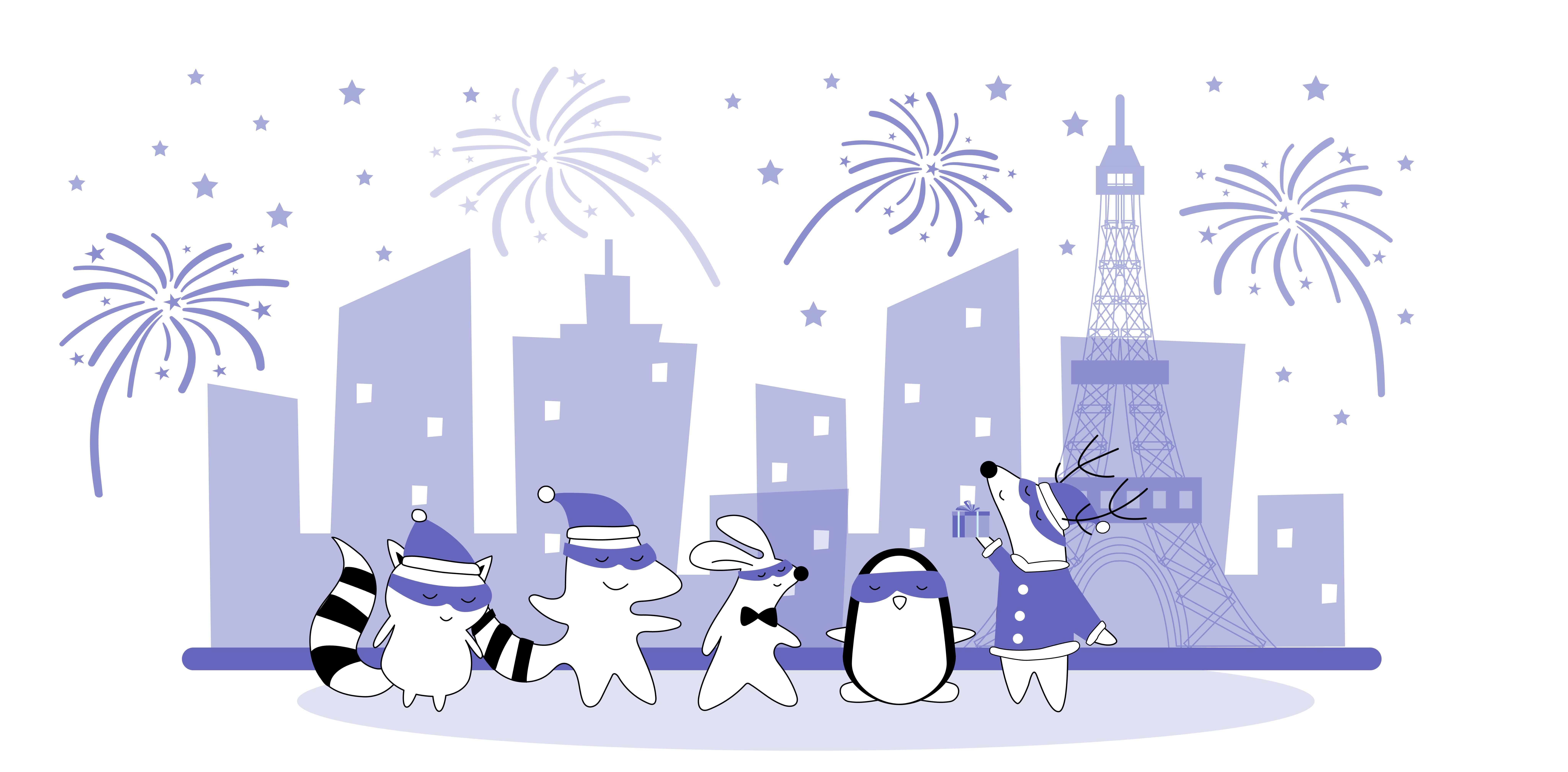 Pocky, Benji, Iggy, and Soren are celebrating the New Year with fireworks behind them.
