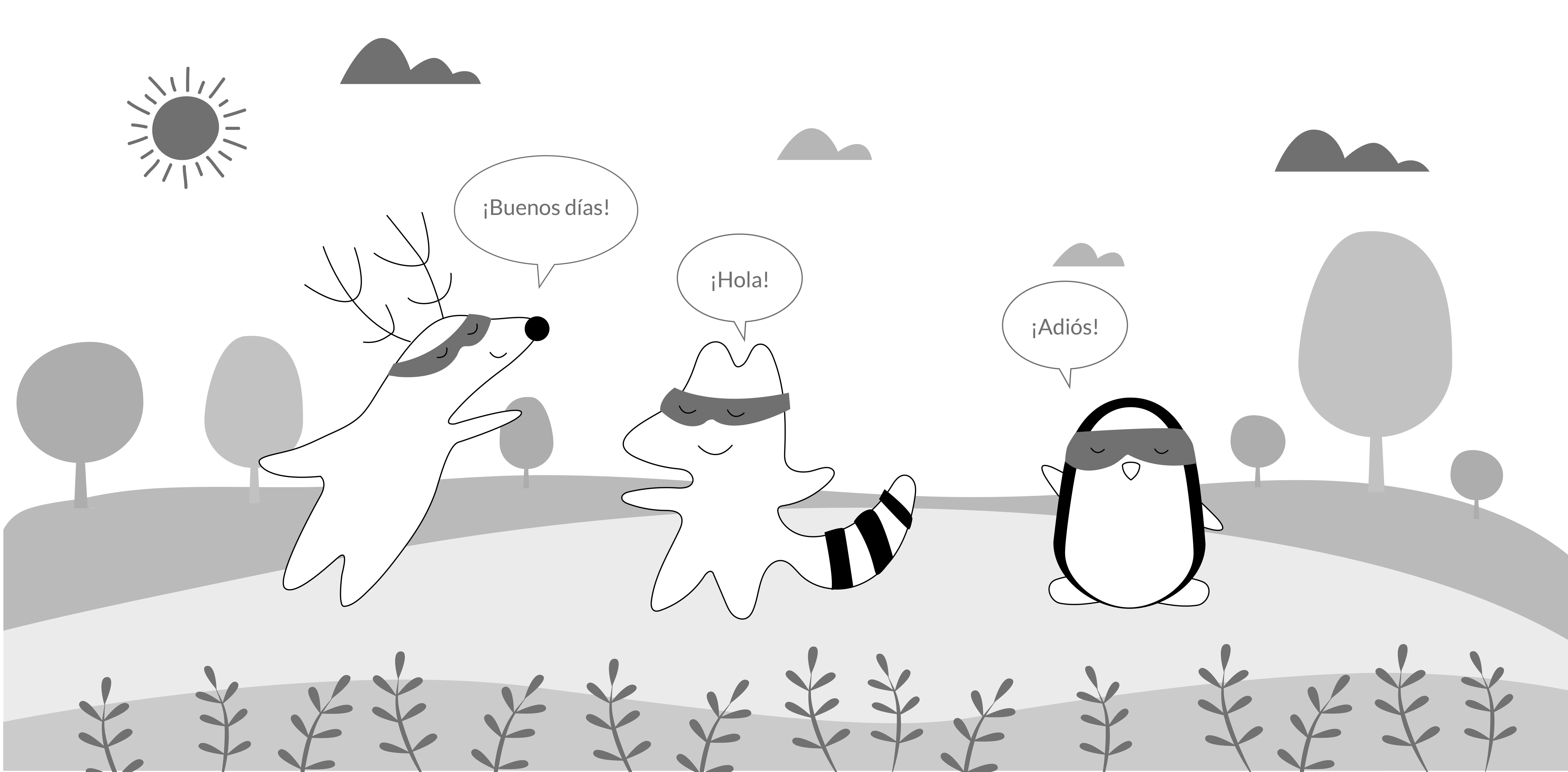 Soren and Iggy are greeting each other, saying “¡Buenos días!” and “¡Hola!” to each other, while Benji leaves them, saying “¡Adiós!”
