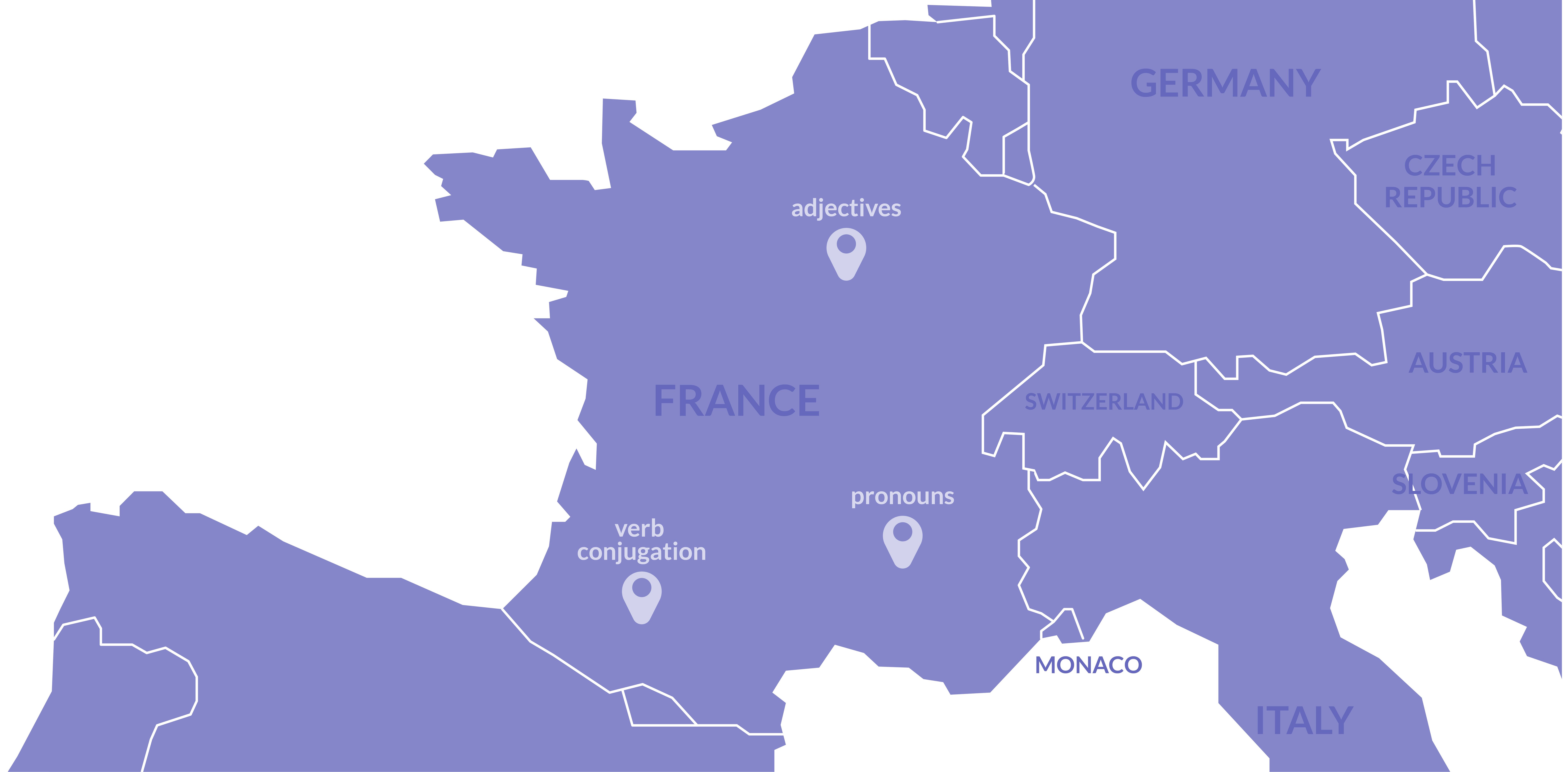 A map of France with various grammar concepts represented by icons placed in different regions (e.g., verb conjugation in Paris, pronouns in Lyon, adjectives in Nice).