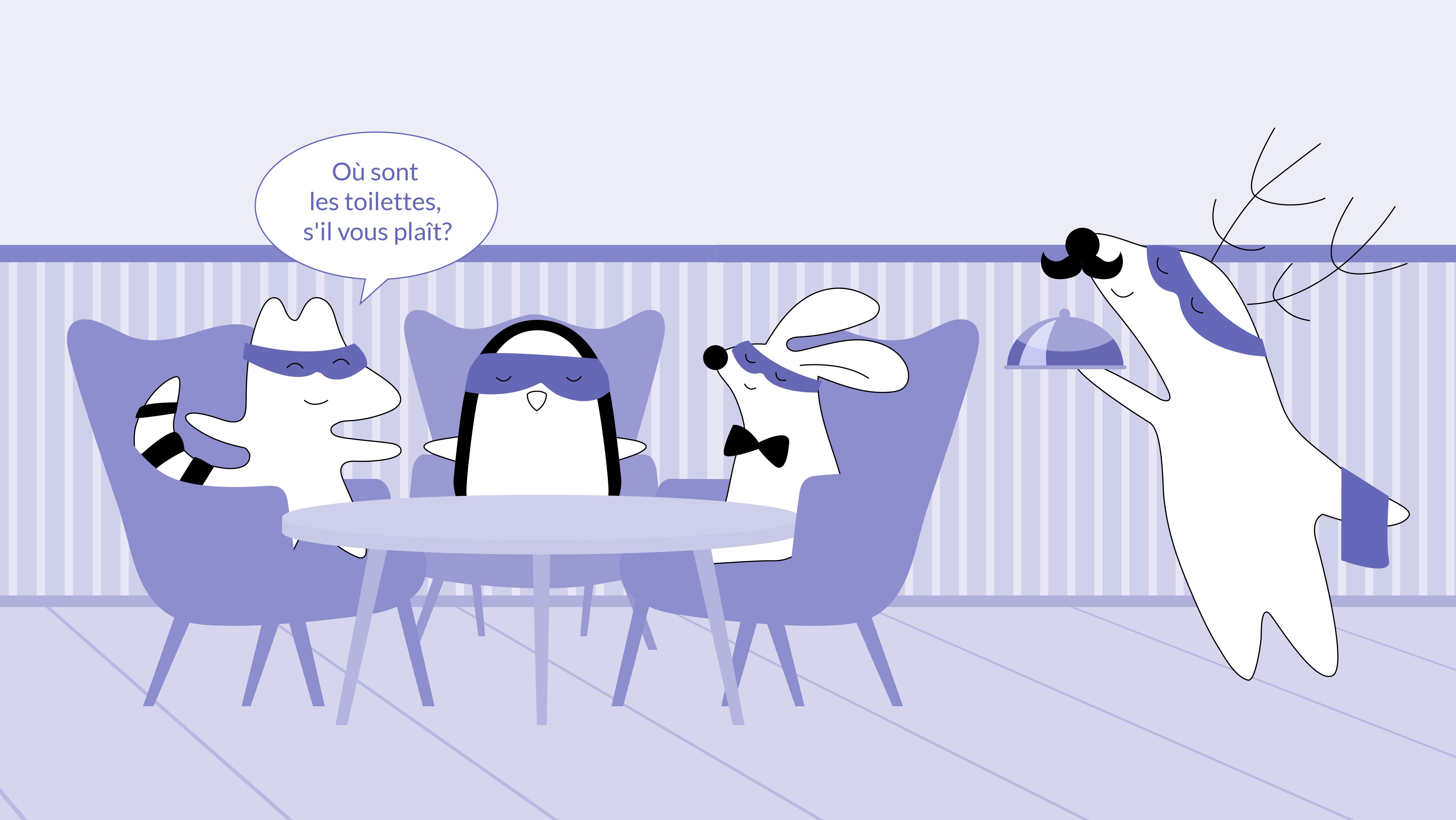 Soren and Iggy are at the restaurant, Soren asks the waiter, “Où sont les toilettes, s'il vous plaît?”