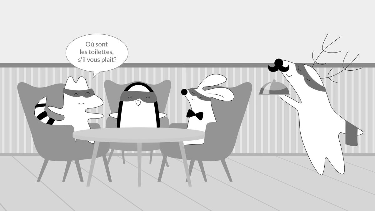 Soren and Iggy are at the restaurant, Soren asks the waiter, “Où sont les toilettes, s'il vous plaît?”