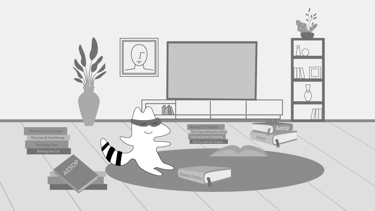 Iggy sits on the floor, reading a story, with many books around her, all of them are Aesop’s Fables.