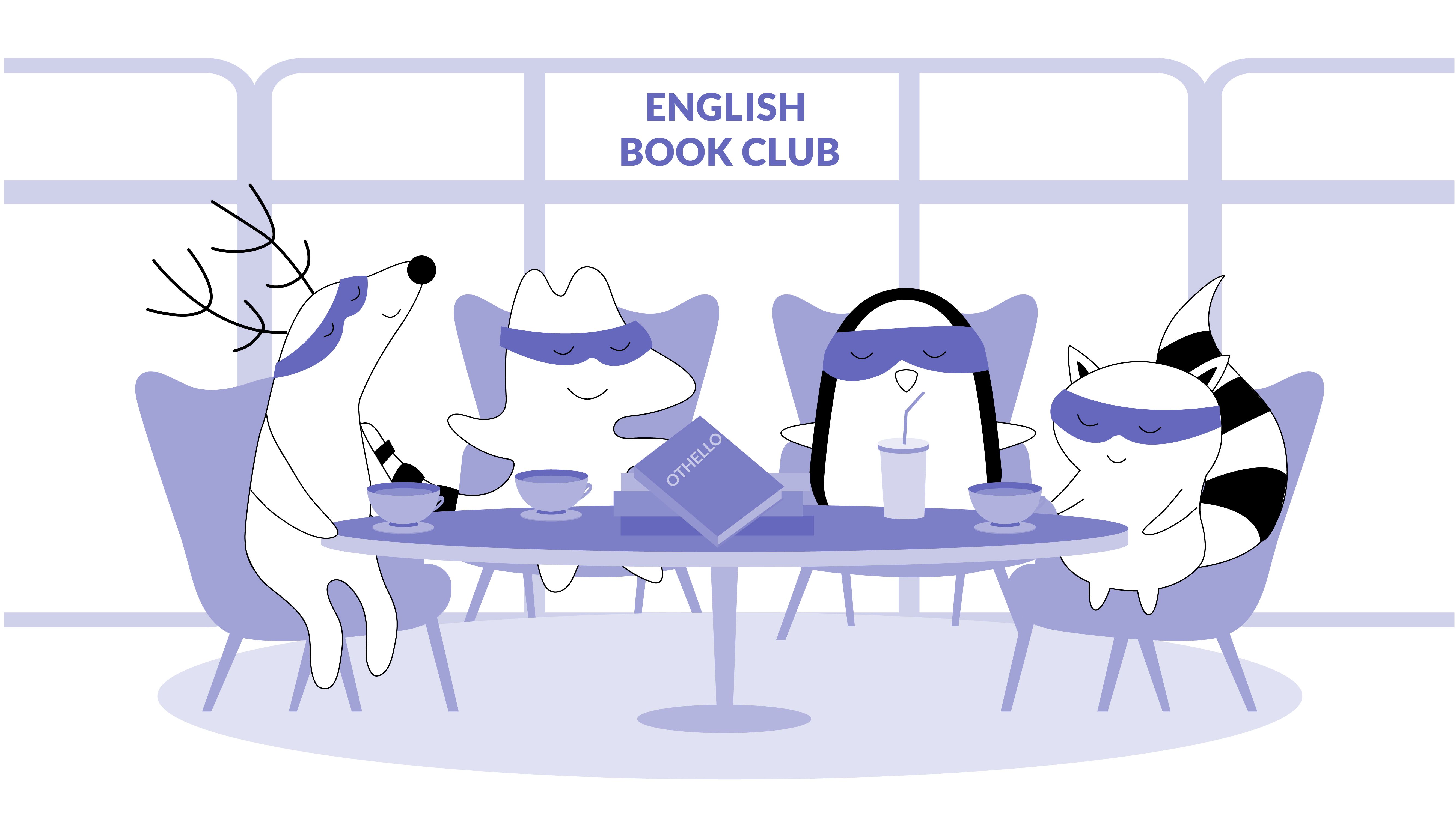 Soren, Iggy, Benji, and Pocky are sitting at the coffee shop with hot drinks, talking. There is a nameplate on their table saying “English Book Club.”