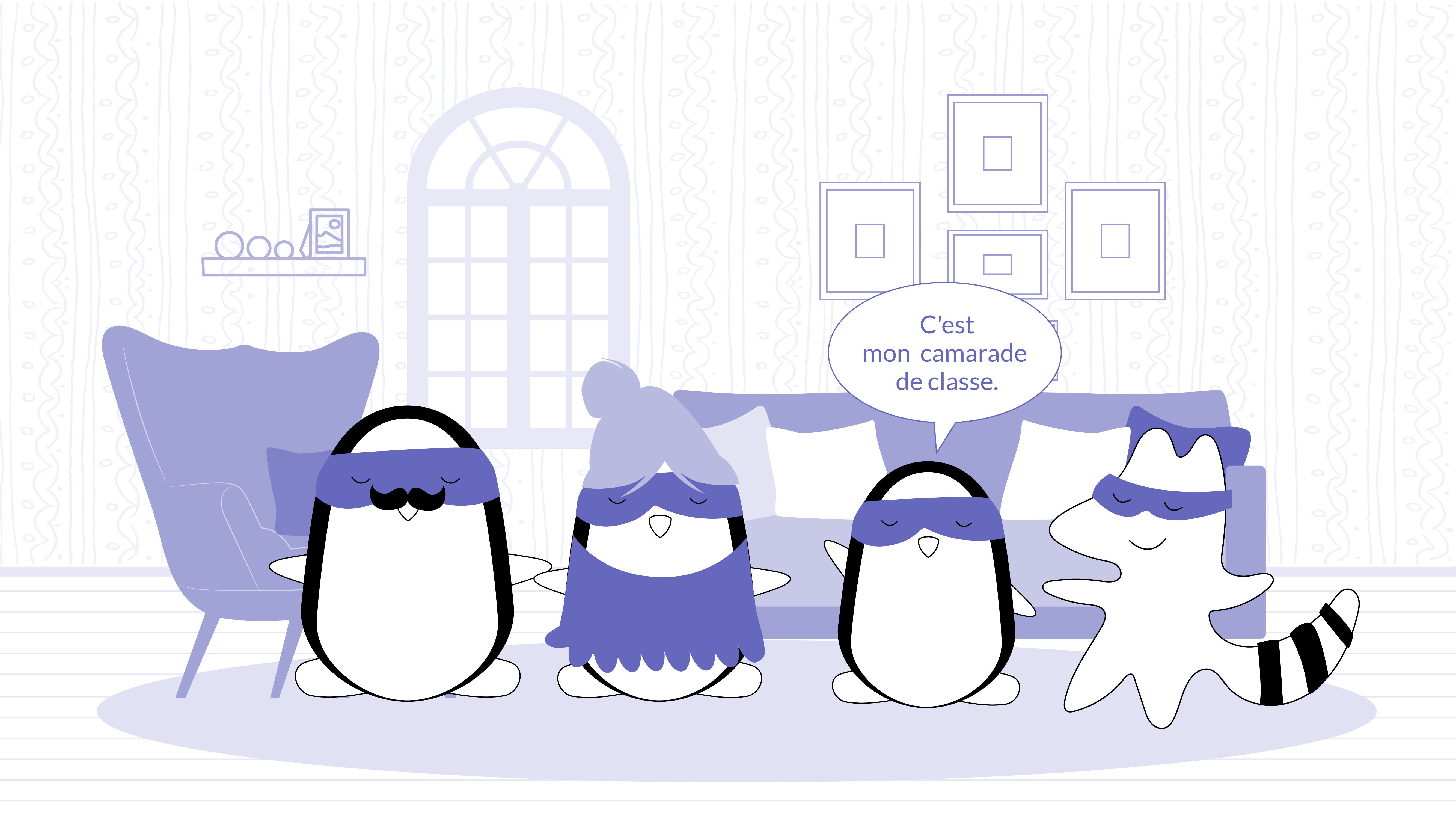 Iggy visiting Pocky at home. Pocky presents him to his parents, saying: “C'est mon camarade de classe.”