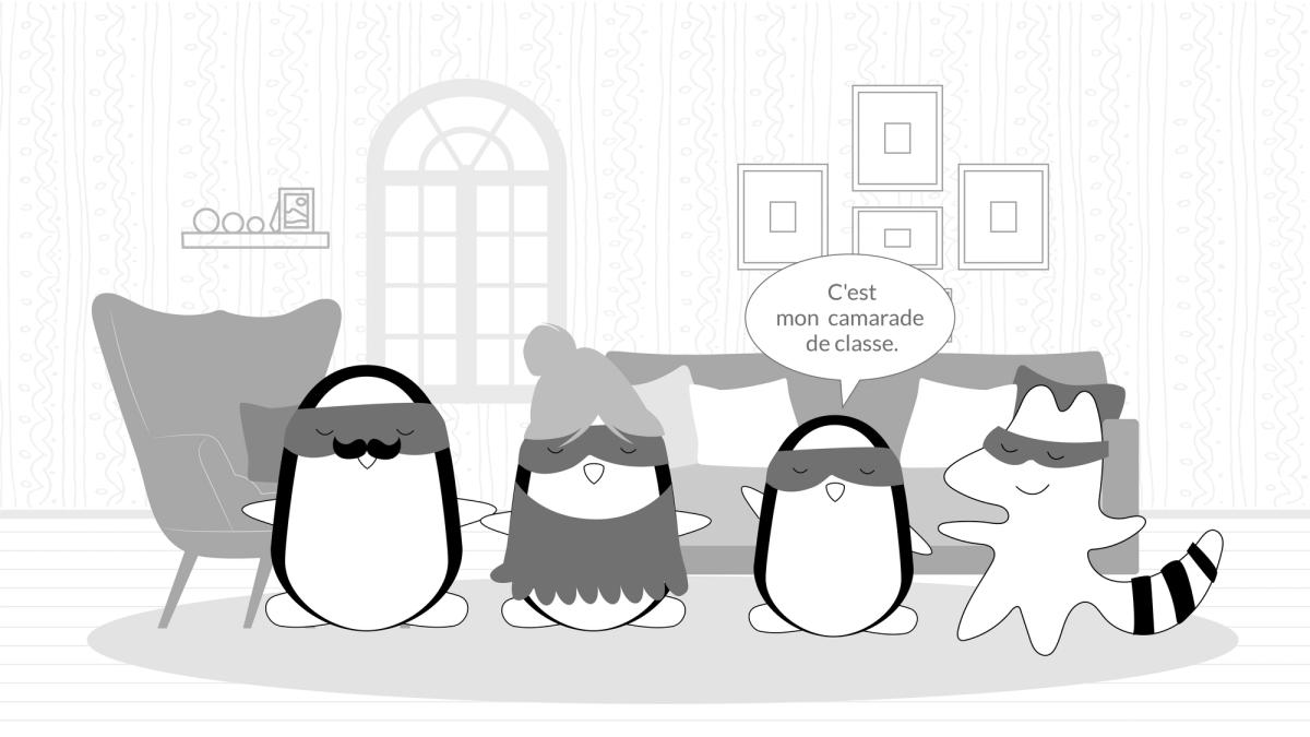 Iggy visiting Pocky at home. Pocky presents him to his parents, saying: “C'est mon camarade de classe.”