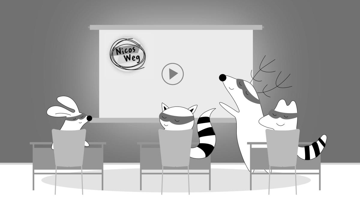Benji, as a teacher, shows Nicos Weg’s video lesson to others — they are all in the classroom.