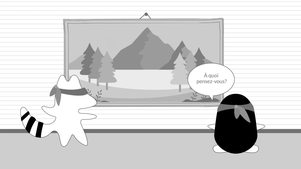 Pocky and Iggy are at the museum, Iggy looks at a picture of a landscape. Pocky asks her, “À quoi pensez-vous?”