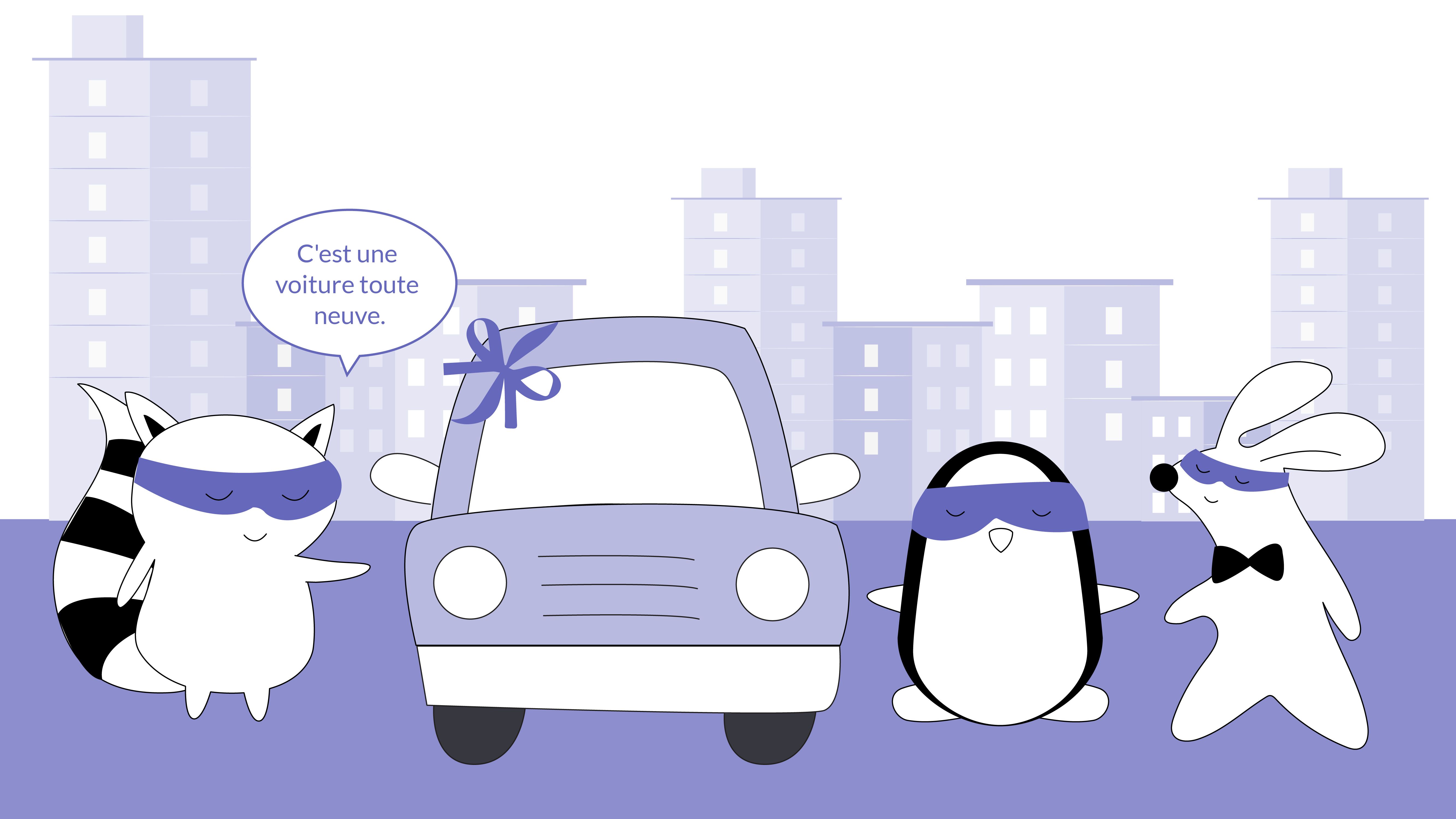 Soren shows off his new sports car to others, saying, “C'est une voiture toute neuve.”