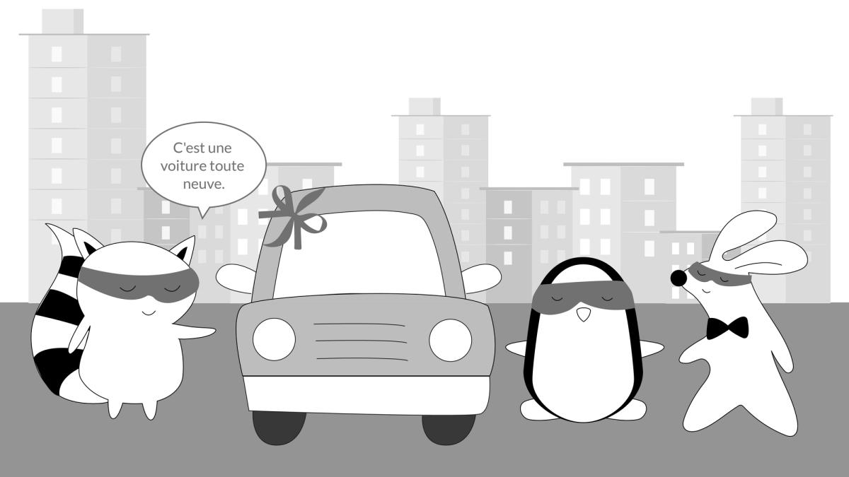 Soren shows off his new sports car to others, saying, “C'est une voiture toute neuve.”