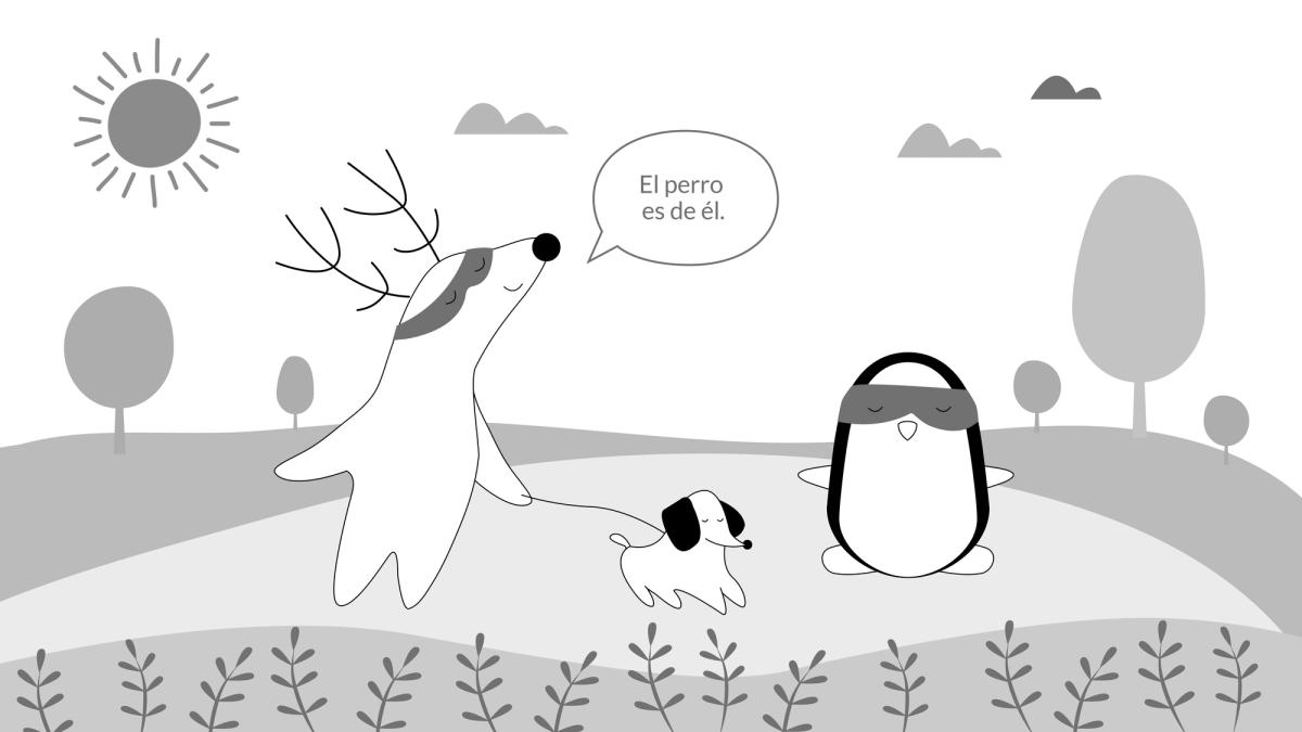 Soren and Pocky are on the street, taking the dog out. Soren says “El perro es de él.”