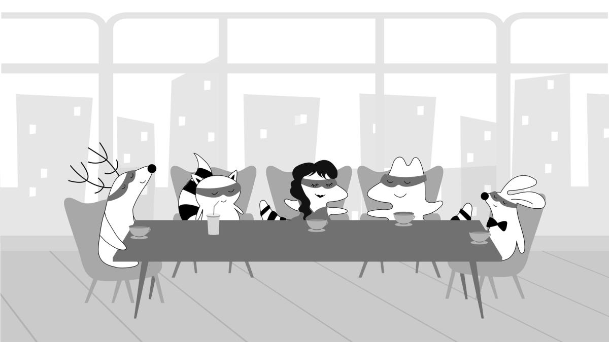 : A company of several people in a coffee shop, drinking coffee and discussing something.