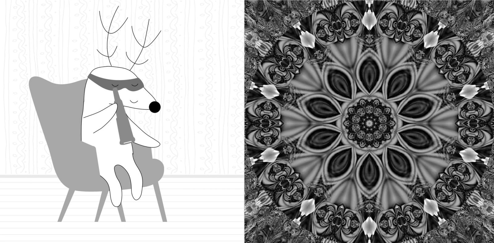 On the left, Soren looks into the kaleidoscope; on the right, we can see the pattern he looks at.