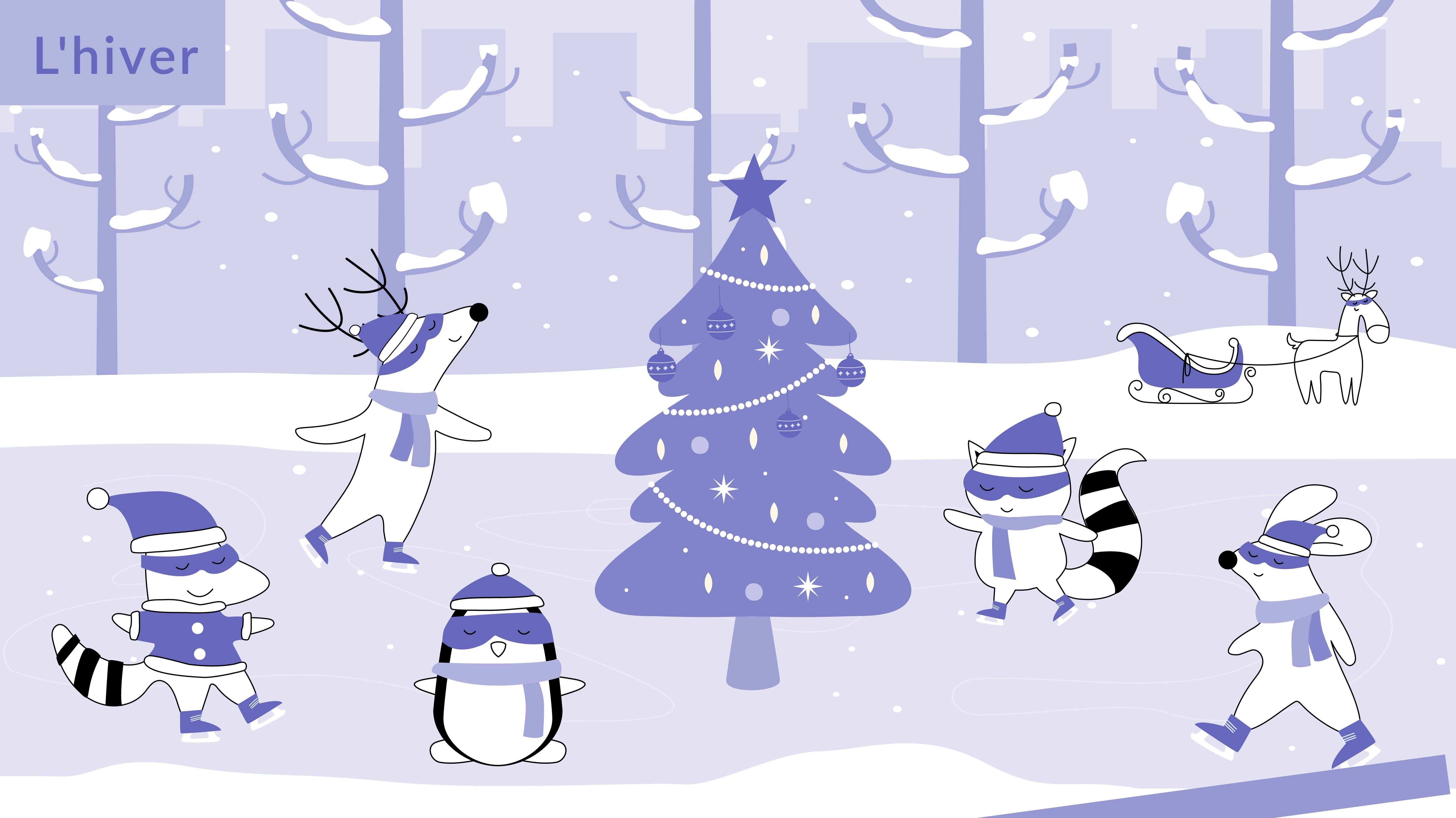 Soren, Pocky, Iggy, and Benji are ice skating at the park, decorated with Christmas lights and a Christmas tree. There is “L'hiver” written in the high right corner.