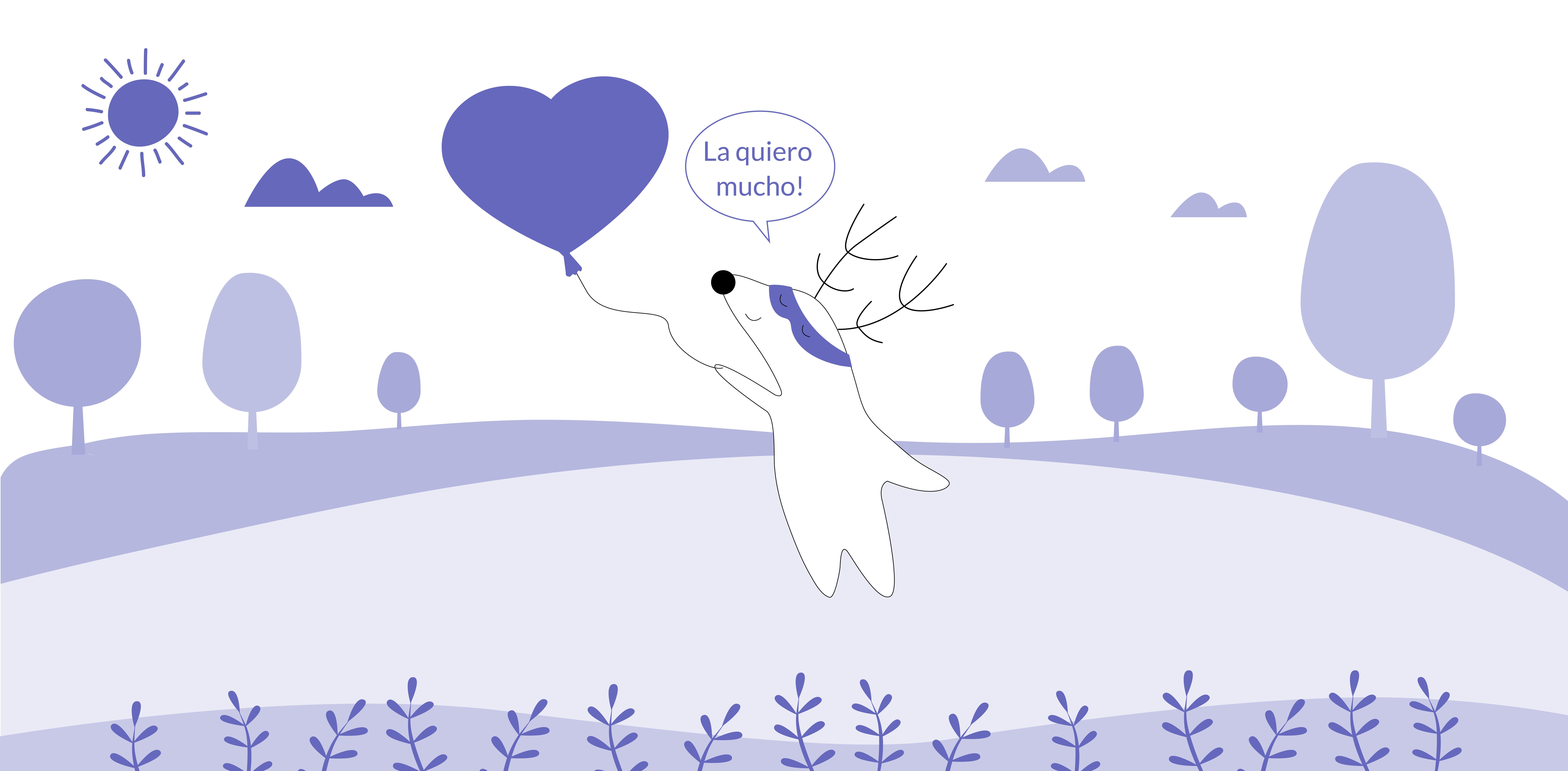 Soren holds a heart-shaped ballon, thinking “La quiero mucho.”