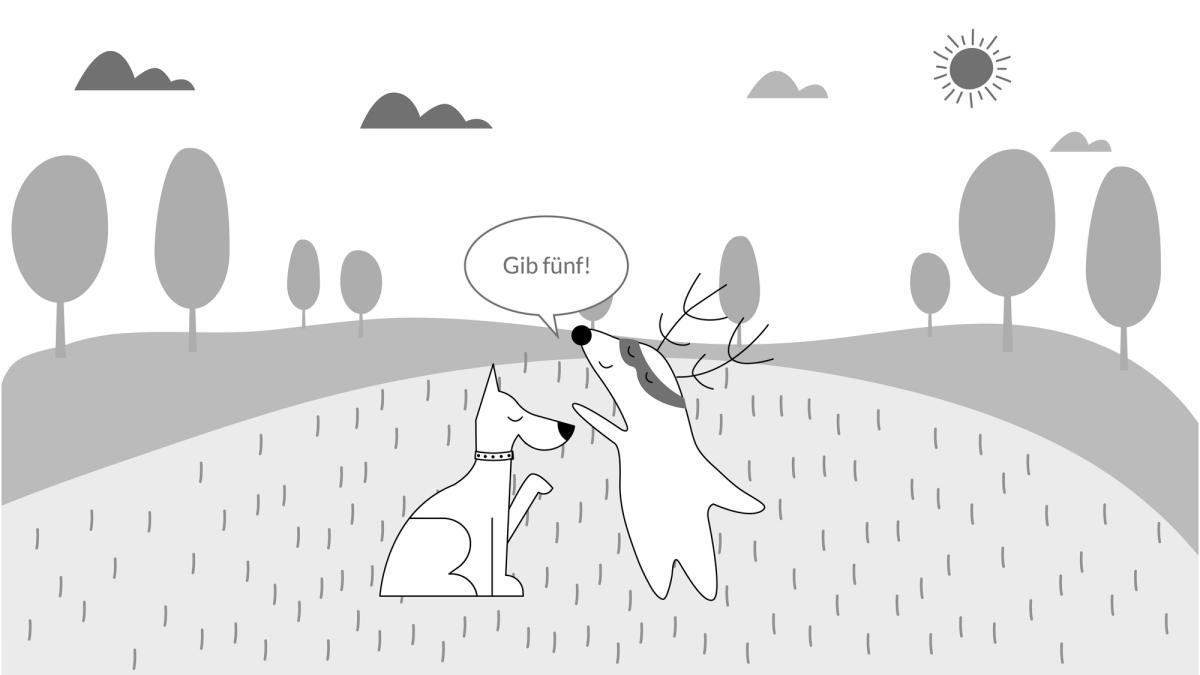 (In the park) Soren says to his dog, “Gib fünf,” and it holds one of its paws up.