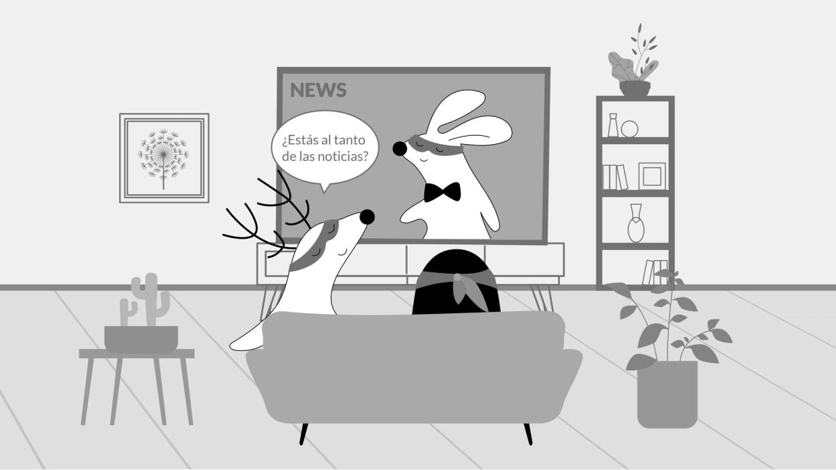 Soren and Pocky are watching the news, Soren asks, “¿Estás al tanto de las noticias?”