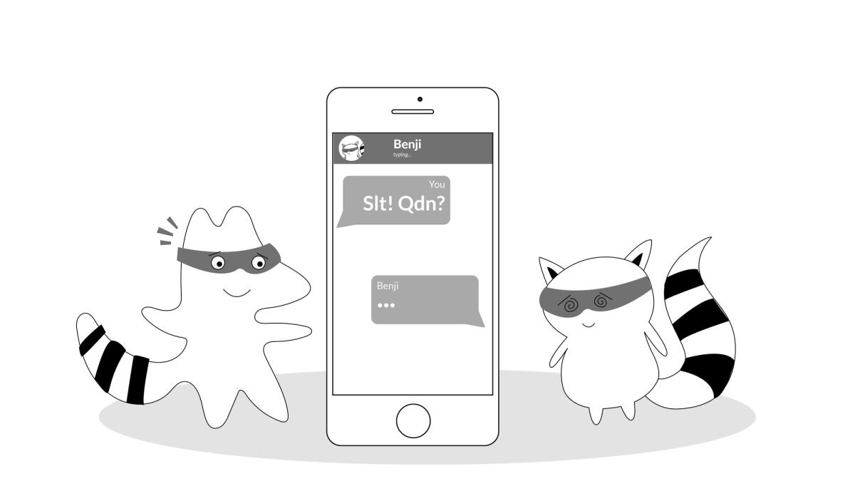 a phone screen displaying a text bubble that says "Slt! Qdn?" followed by a typing bubble with three dots