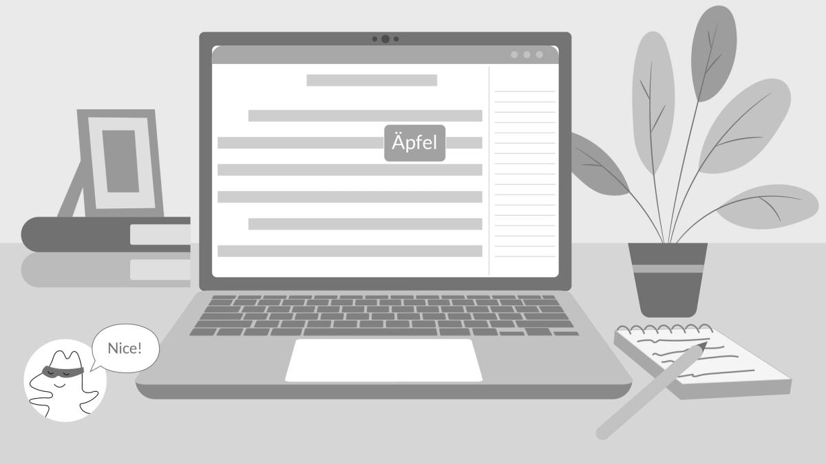 Soren types the word "Äpfel" using shortcuts.