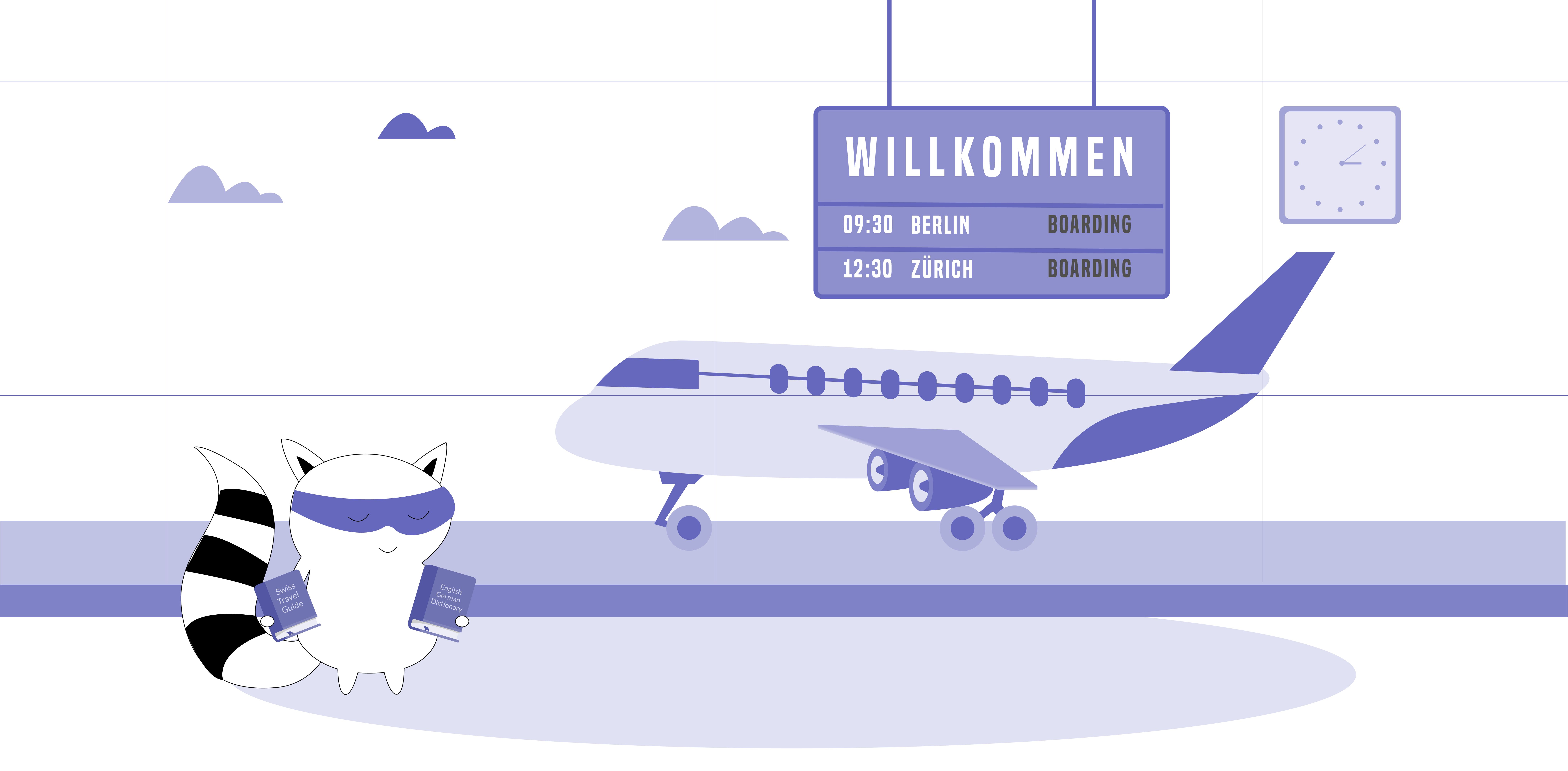 Benji’s boarding a plane to Zürich with an English-German dictionary in hand and a Swiss travel guide.