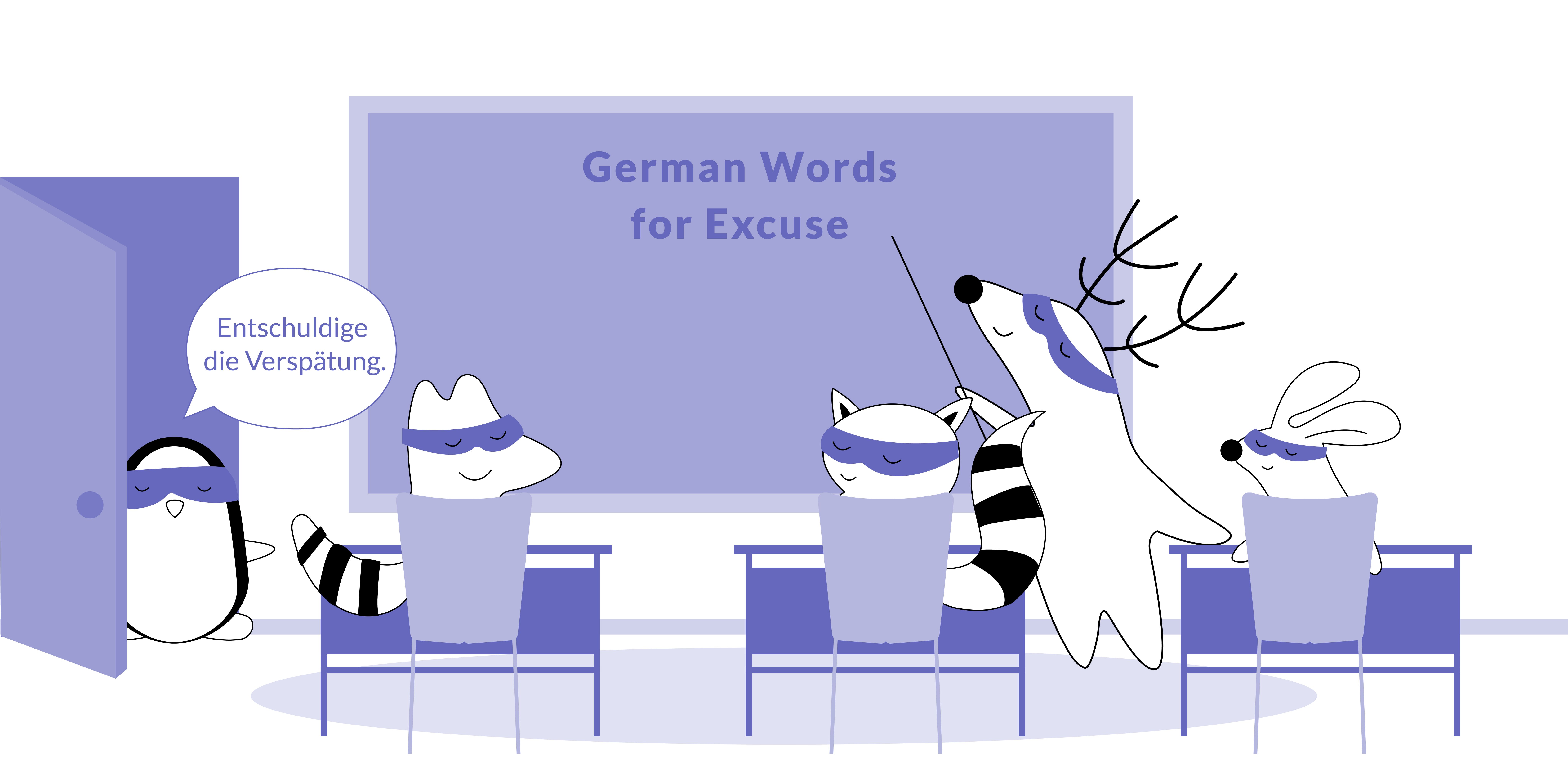 Pocky enters the classroom where others are already sitting at their desks, saying, “Entschuldige die Verspätung.”