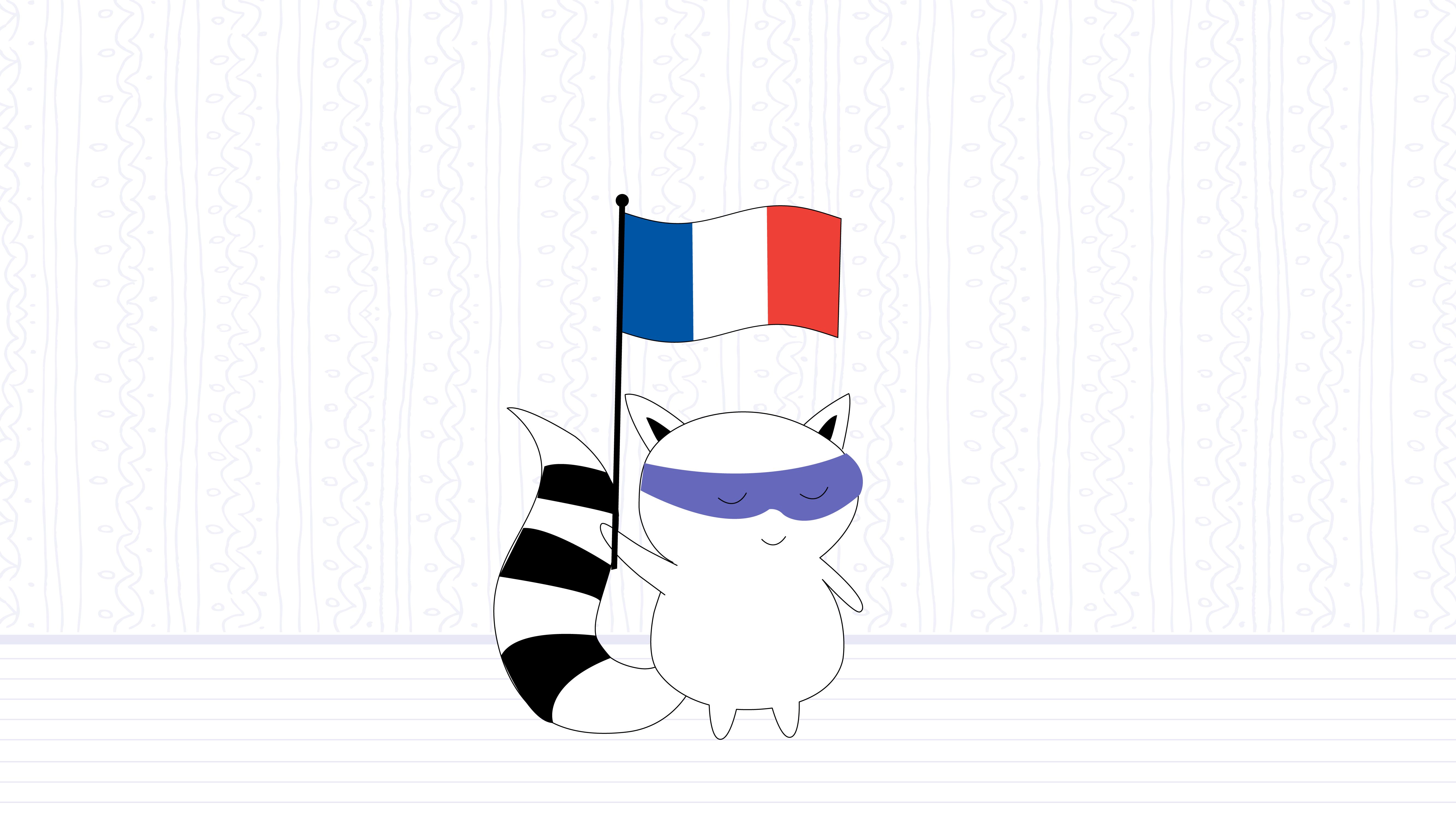 Pocky waving a French flag and smiling
