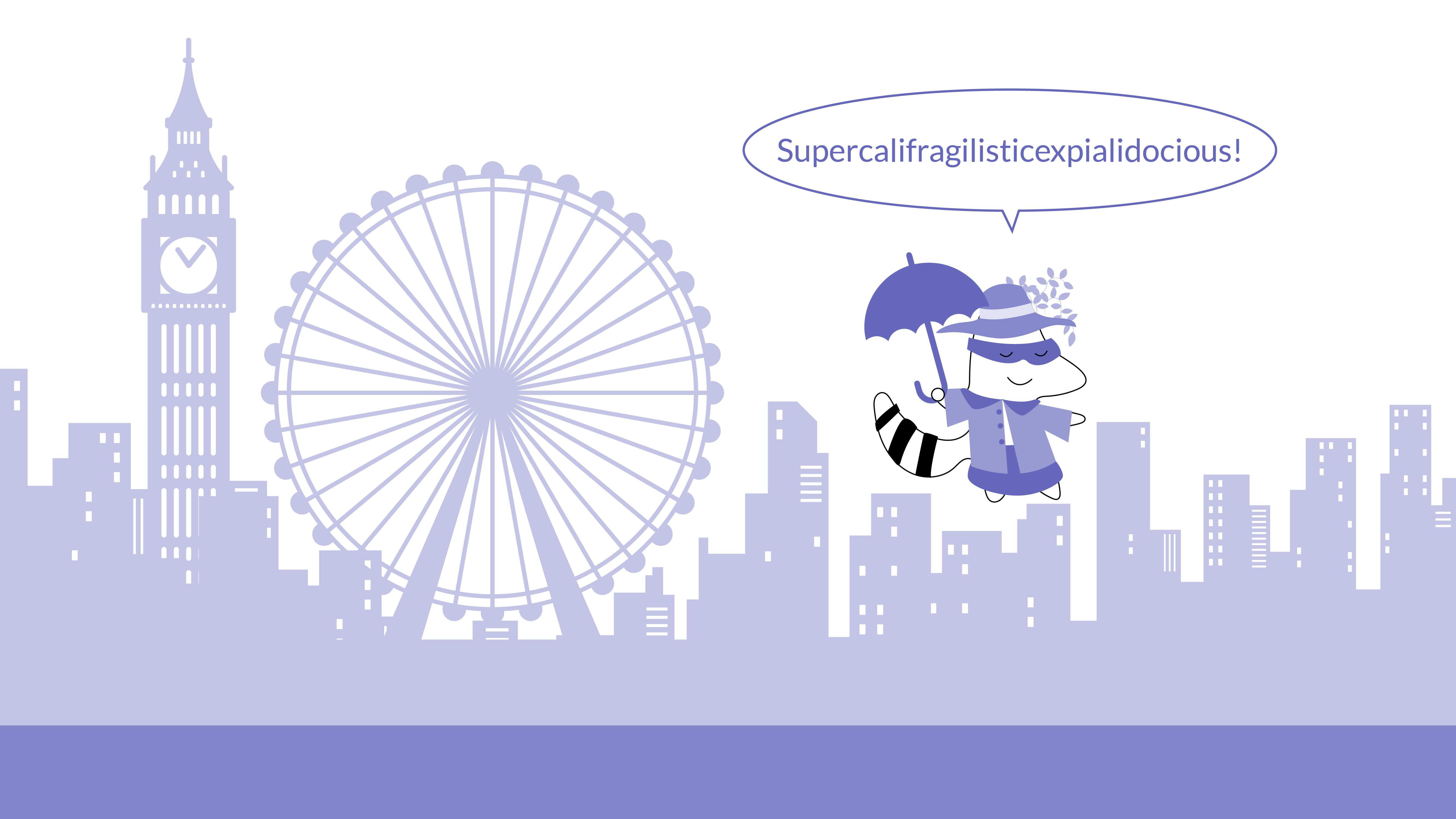 Iggy, dressed as Mary Poppins, dances with an umbrella, saying, “Supercalifragilisticexpialidocious!”