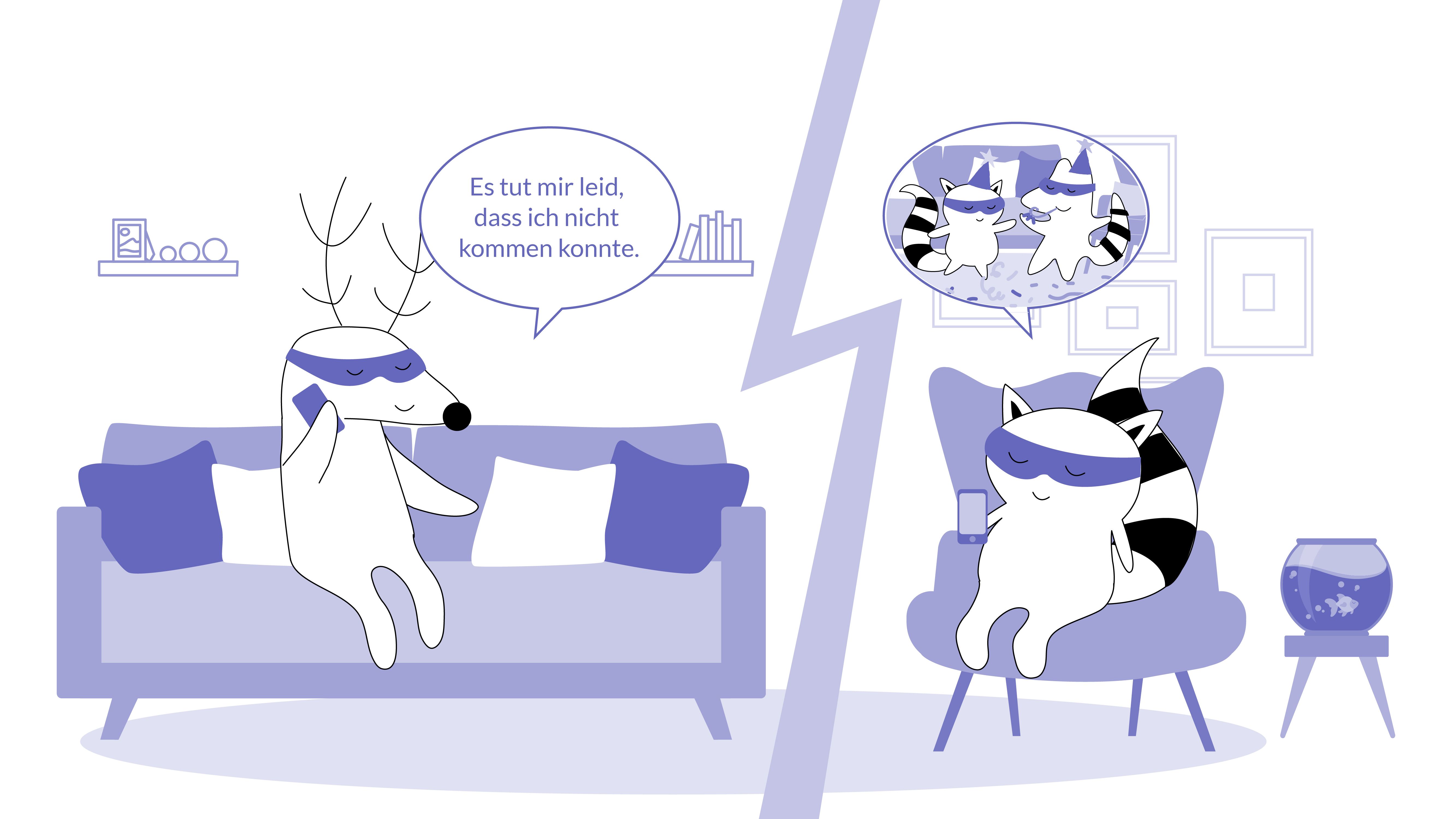 Benji and Soren are talking over the phone, Benji describes the party Soren missed, Soren says, “Es tut mir leid, dass ich nicht kommen konnte.”