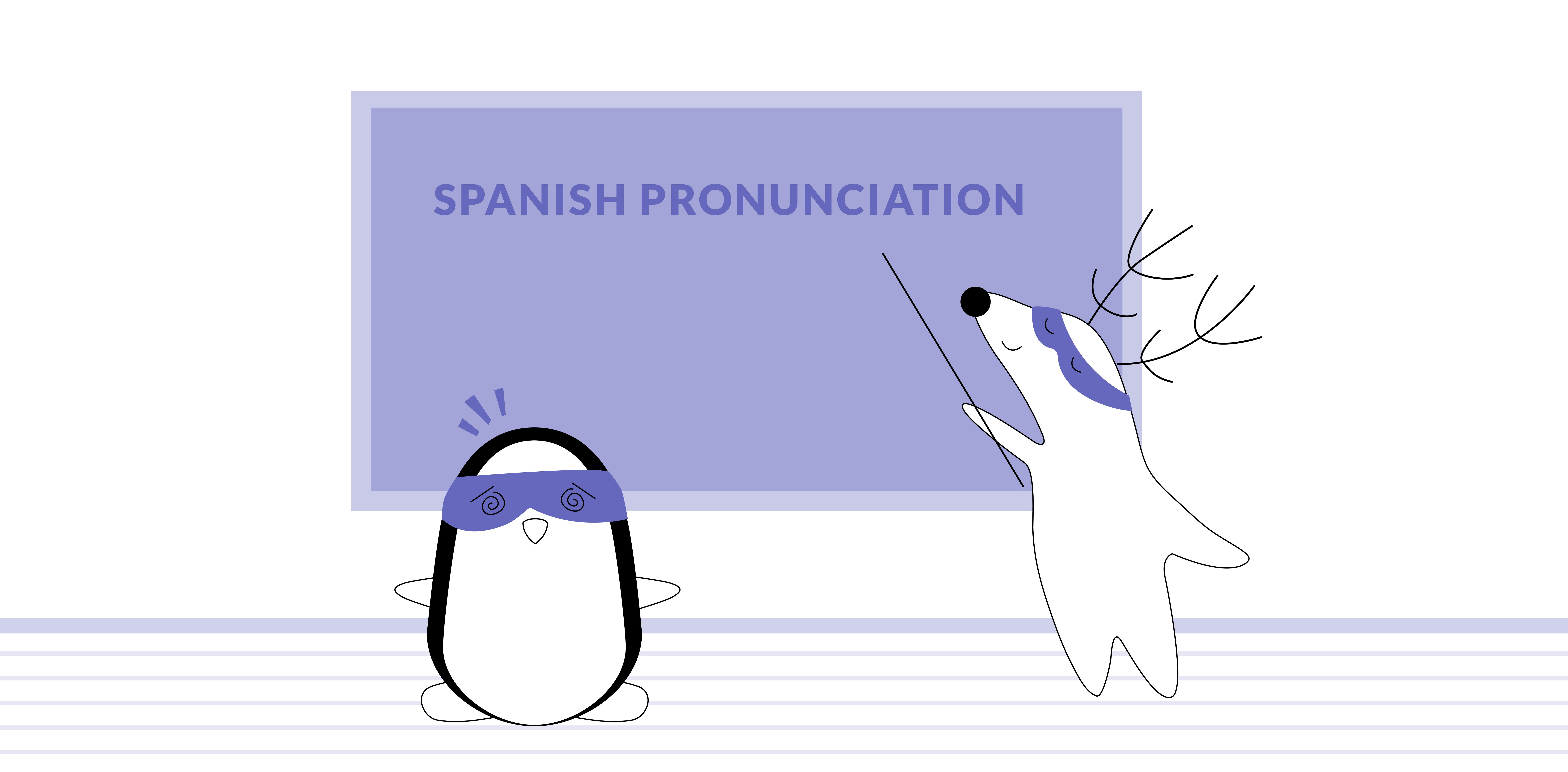 Soren and Pocky are in the classroom, looking at the introduction to Spanish pronunciation on the blackboard.
