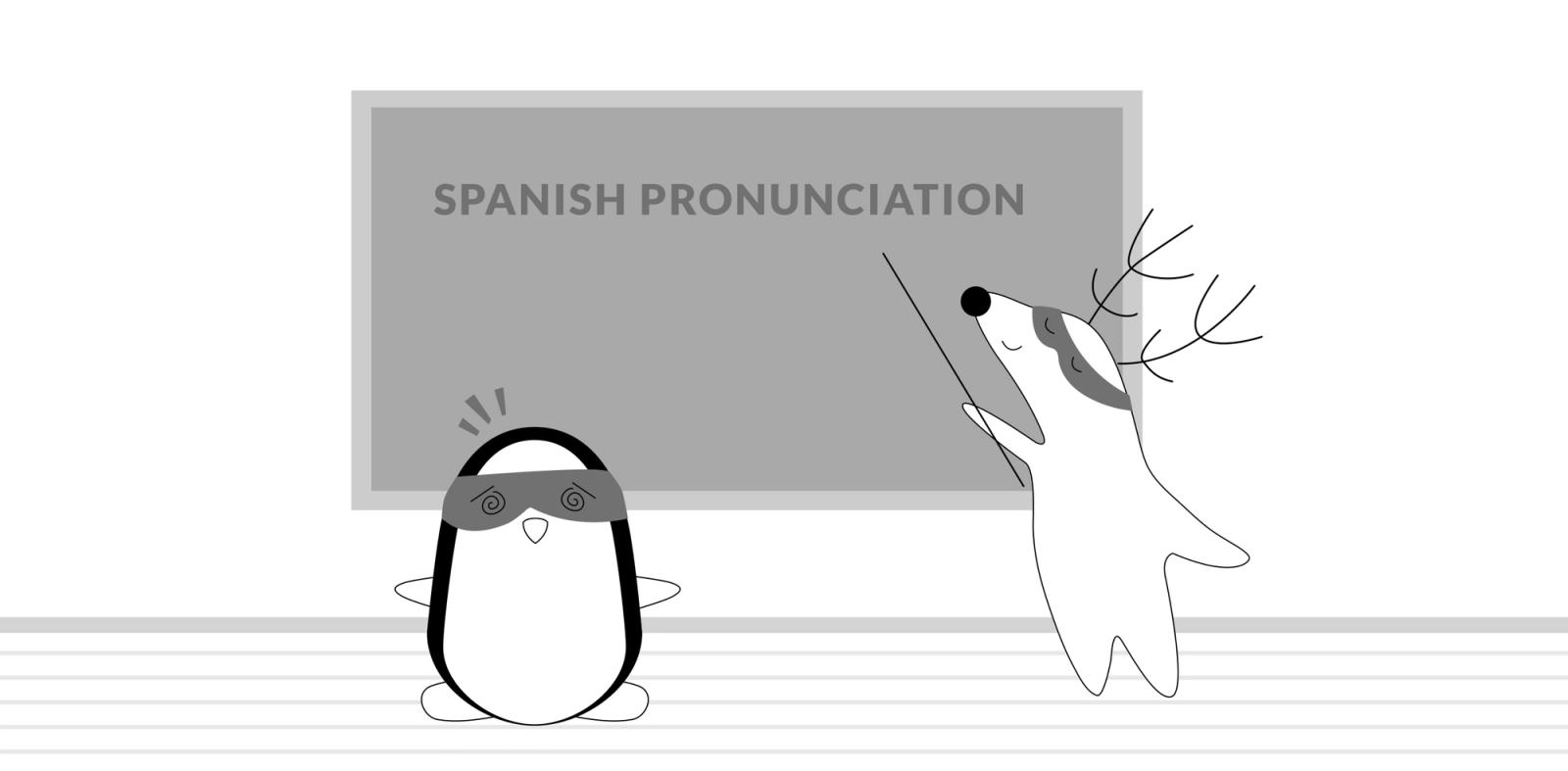 Soren and Pocky are in the classroom, looking at the introduction to Spanish pronunciation on the blackboard.
