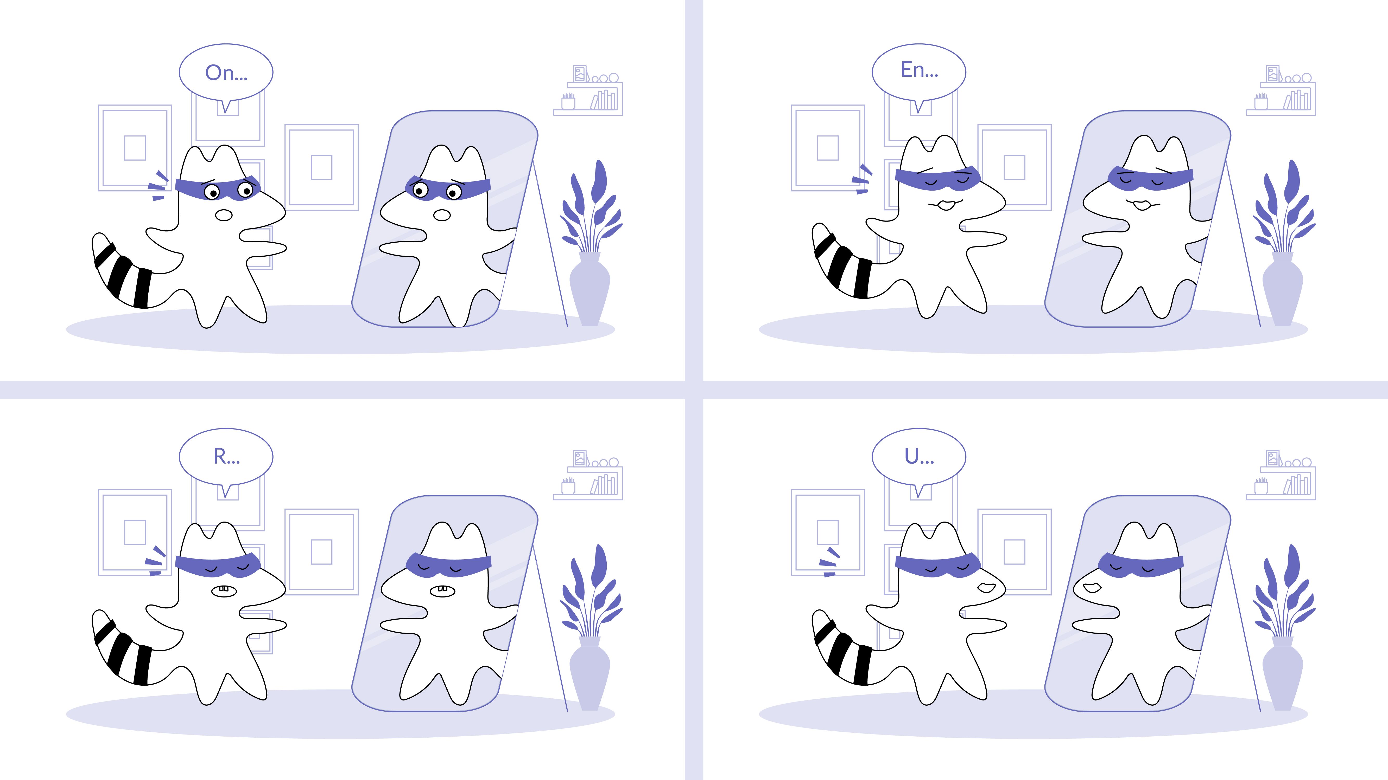 Iggy practices pronouncing French sounds in front of a mirror. Can be like a collage of 4 different images where she voices different French sounds (u, r, on, en) with different facial expressions.