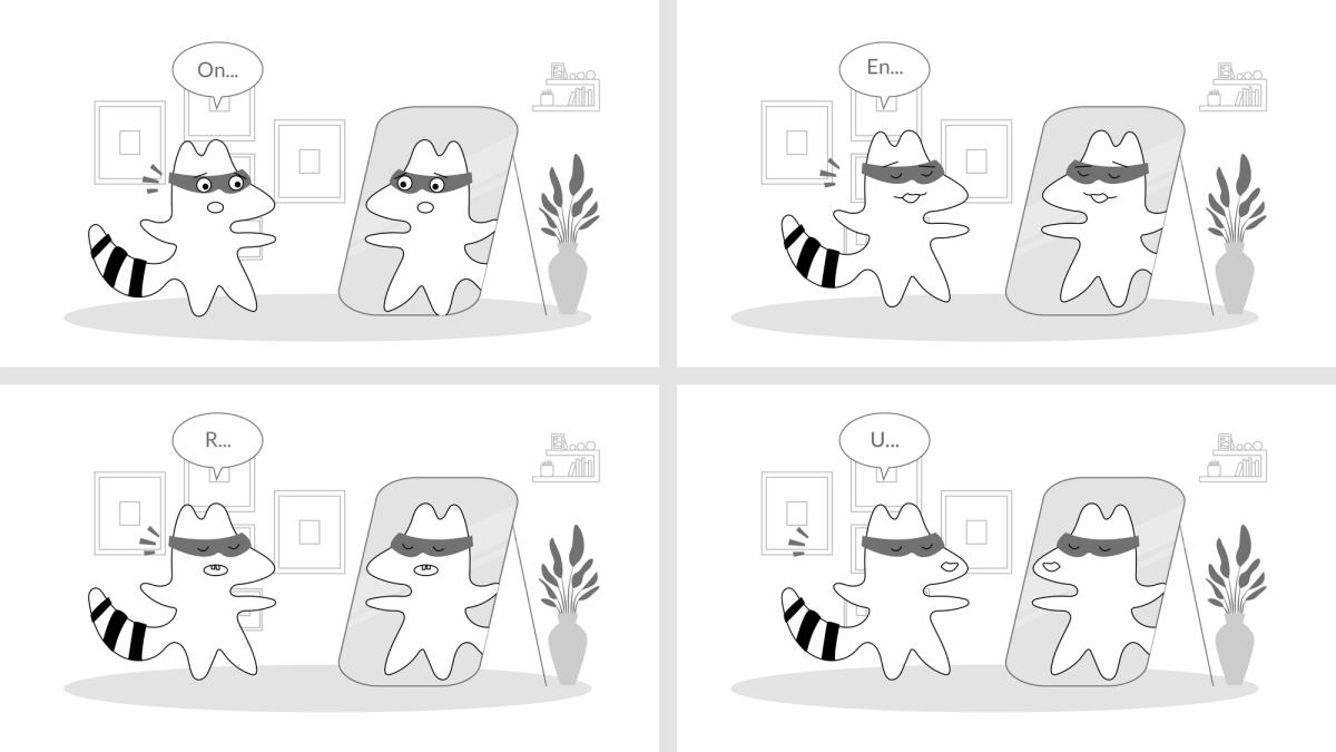 Iggy practices pronouncing French sounds in front of a mirror. Can be like a collage of 4 different images where she voices different French sounds (u, r, on, en) with different facial expressions.