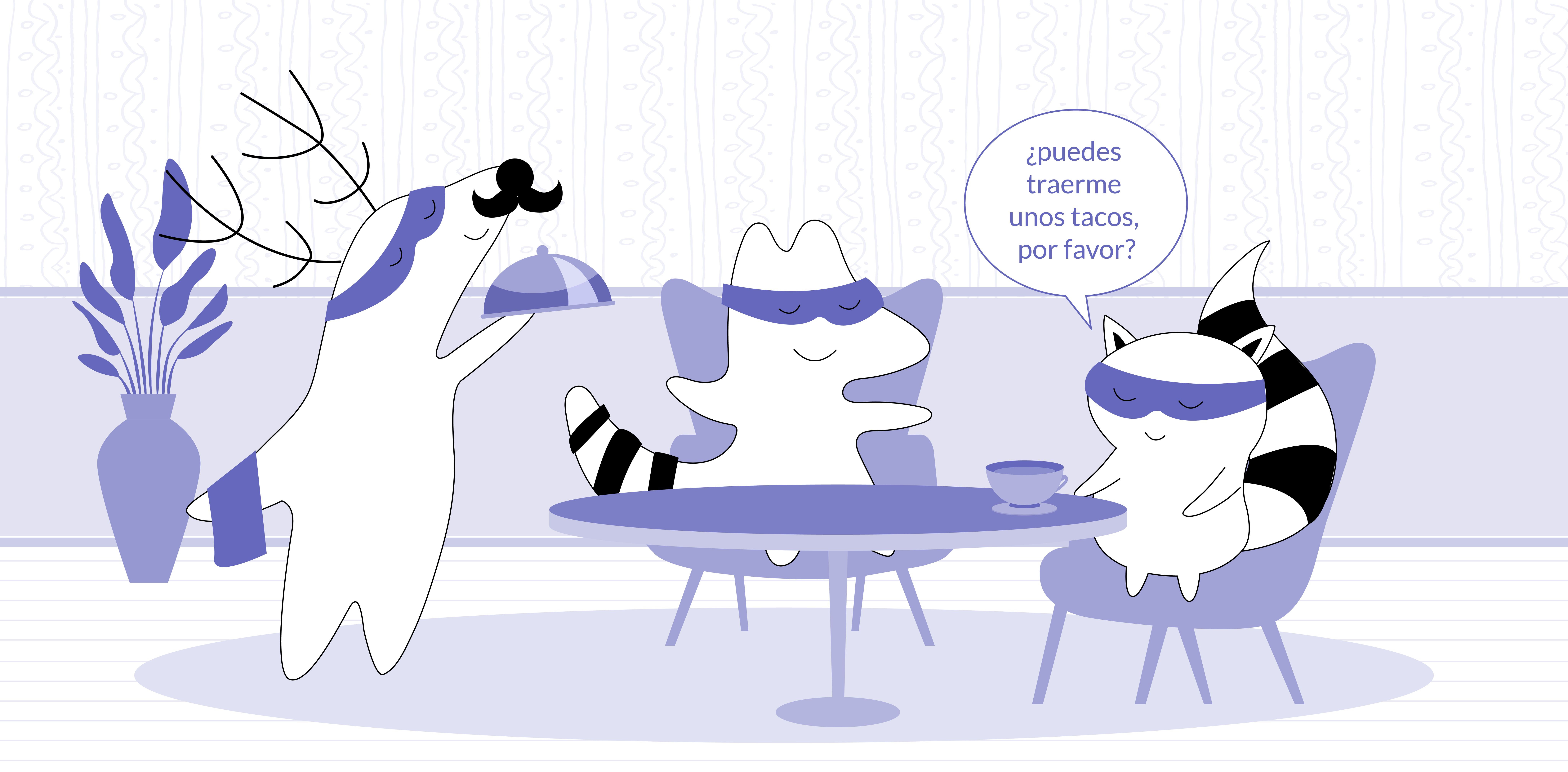Benji and Soren sitting at the restaurant, Benji says “¿puedes traerme unos tacos, por favor?”
