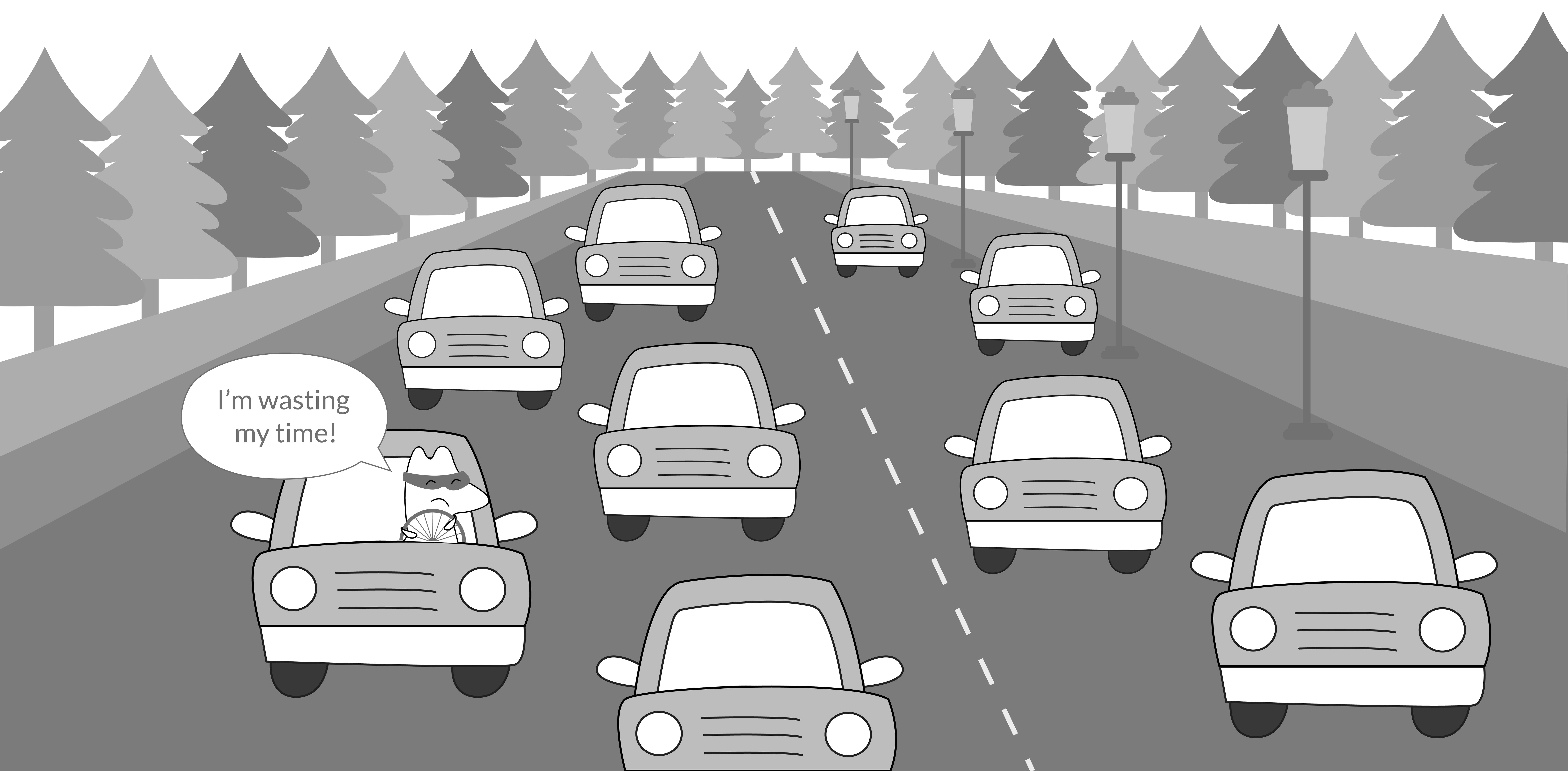 Iggy’s stuck in the traffic of an endless chain of cars, thinking, “I’m wasting my time!”