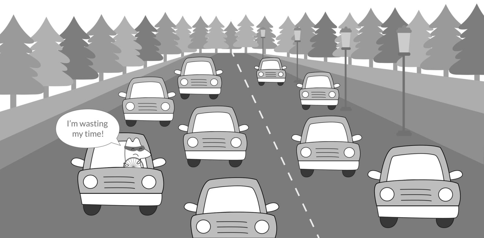 Iggy’s stuck in the traffic of an endless chain of cars, thinking, “I’m wasting my time!”