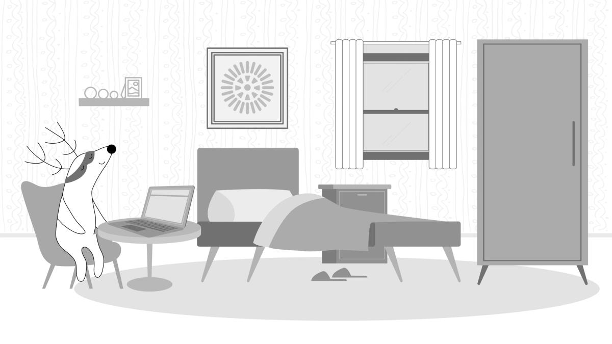 Soren creates a night study-friendly atmosphere in his bedroom, closing the blinds, throwing pillows on the bed, and turning on dim lights.