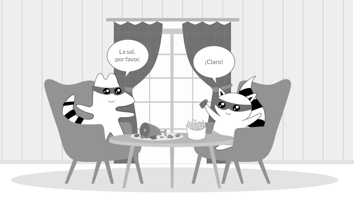  Benji and Soren sitting at a table, having lunch. Soren says “la sal, por favor” and Benji says “¡claro!”