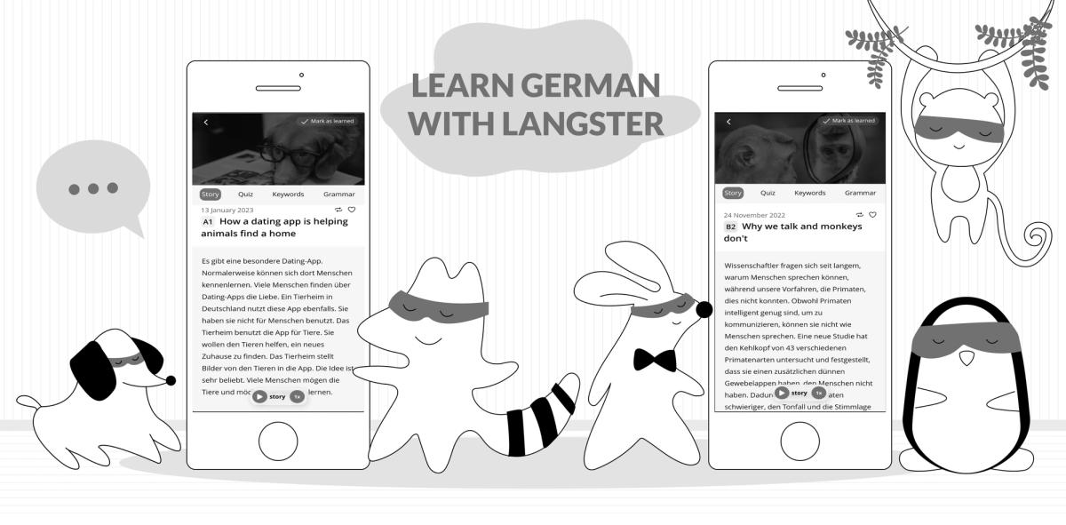 Several characters learning German with their smartphones