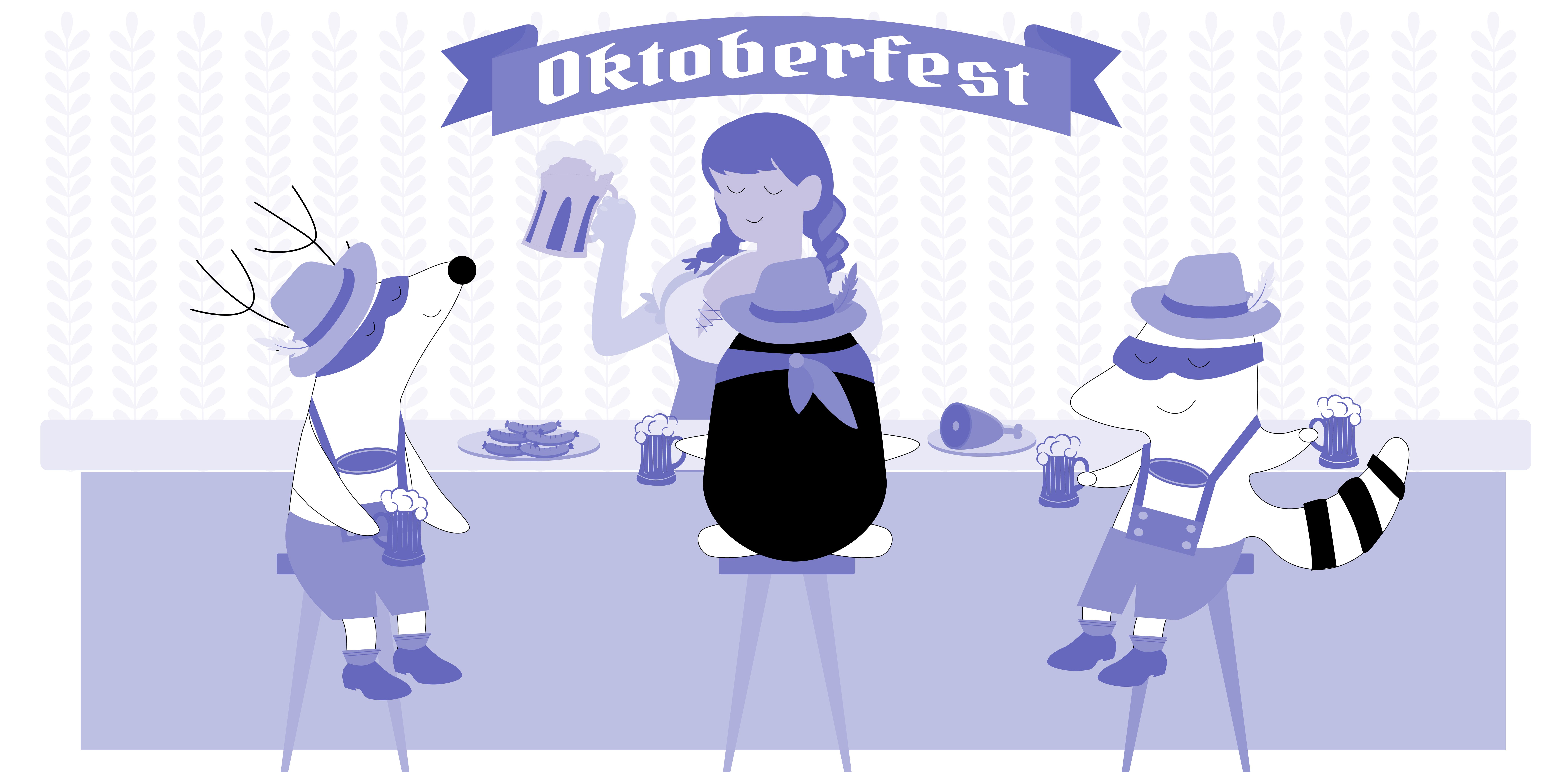 Benji, Pocky, Soren, and Iggy are drinking beer at the Oktober festival.
