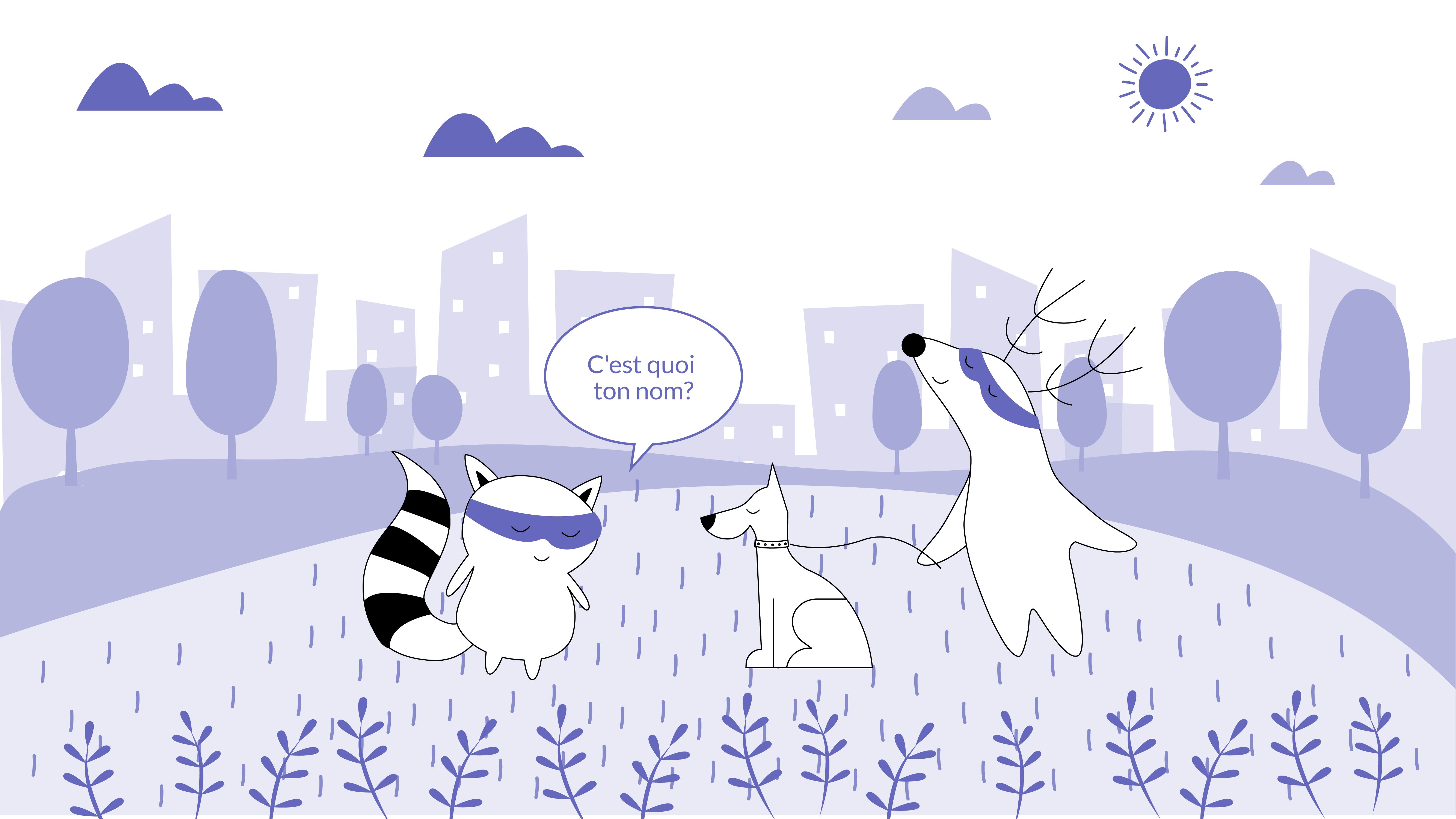 Soren walks his dog in the park, Benji comes to greet them and kneels in front of the dog, asking for its name: “C'est quoi ton nom?”