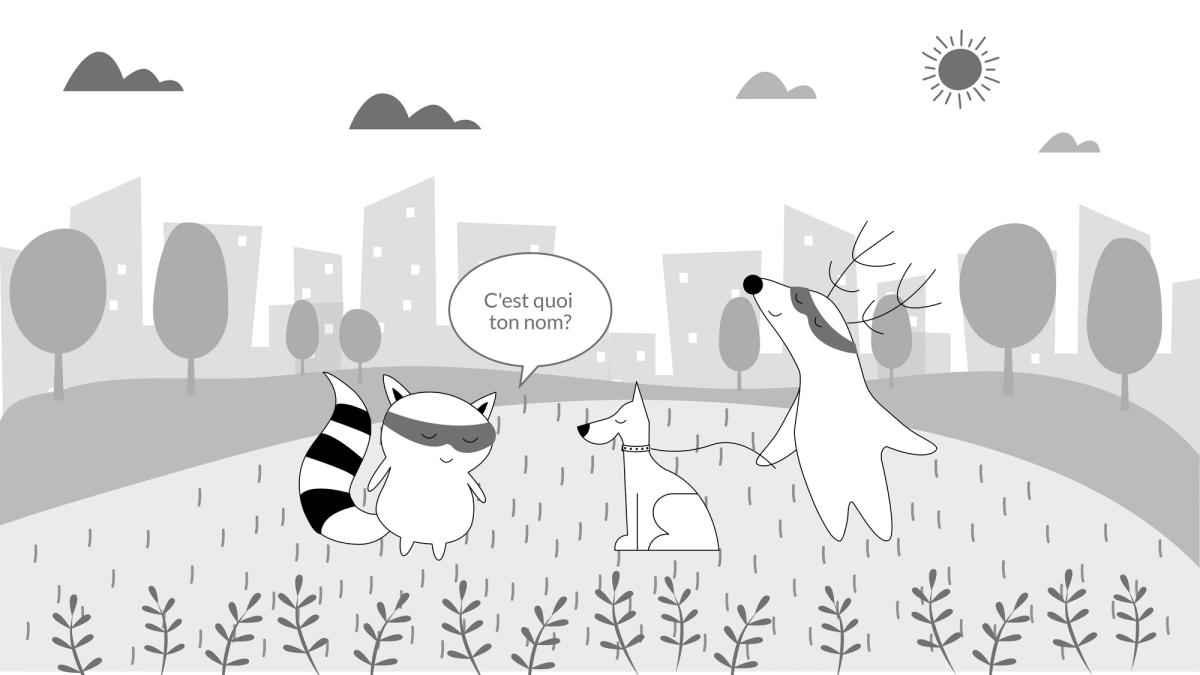 Soren walks his dog in the park, Benji comes to greet them and kneels in front of the dog, asking for its name: “C'est quoi ton nom?”