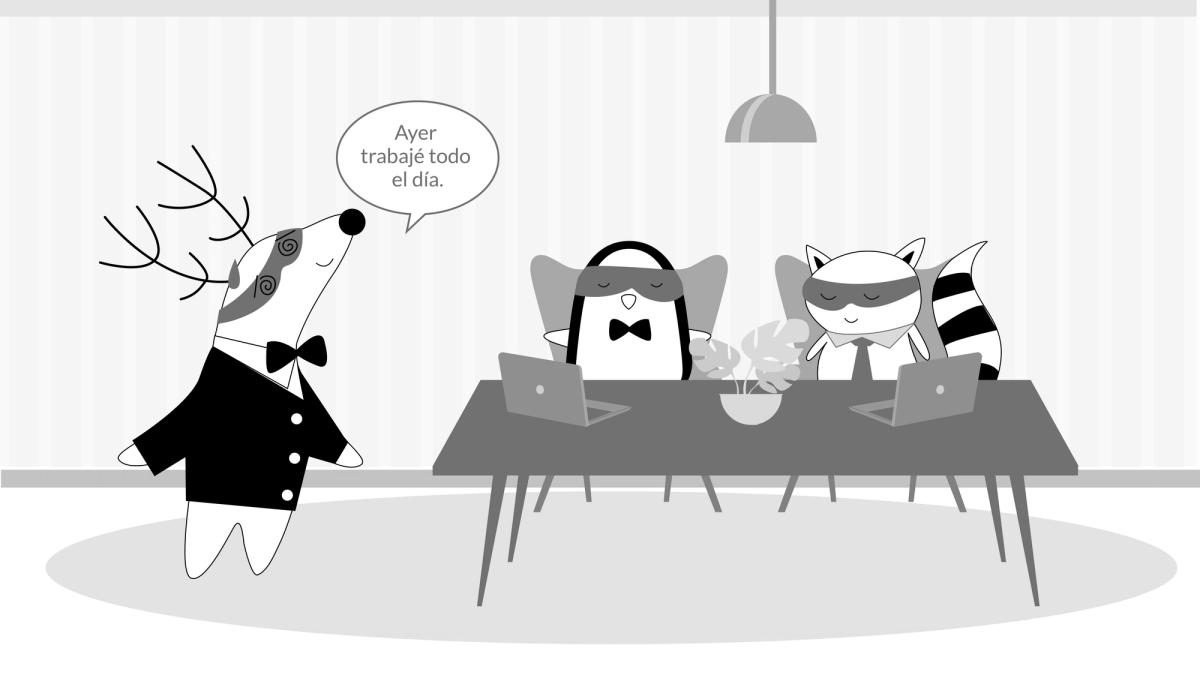 Soren wears a suit, looks exhausted, telling Benji and Pocky, “Ayer trabajé todo el día.”