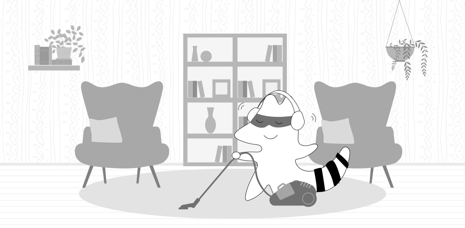 Iggy’s vacuuming the room, listening to the News in Slow French podcast in headphones.