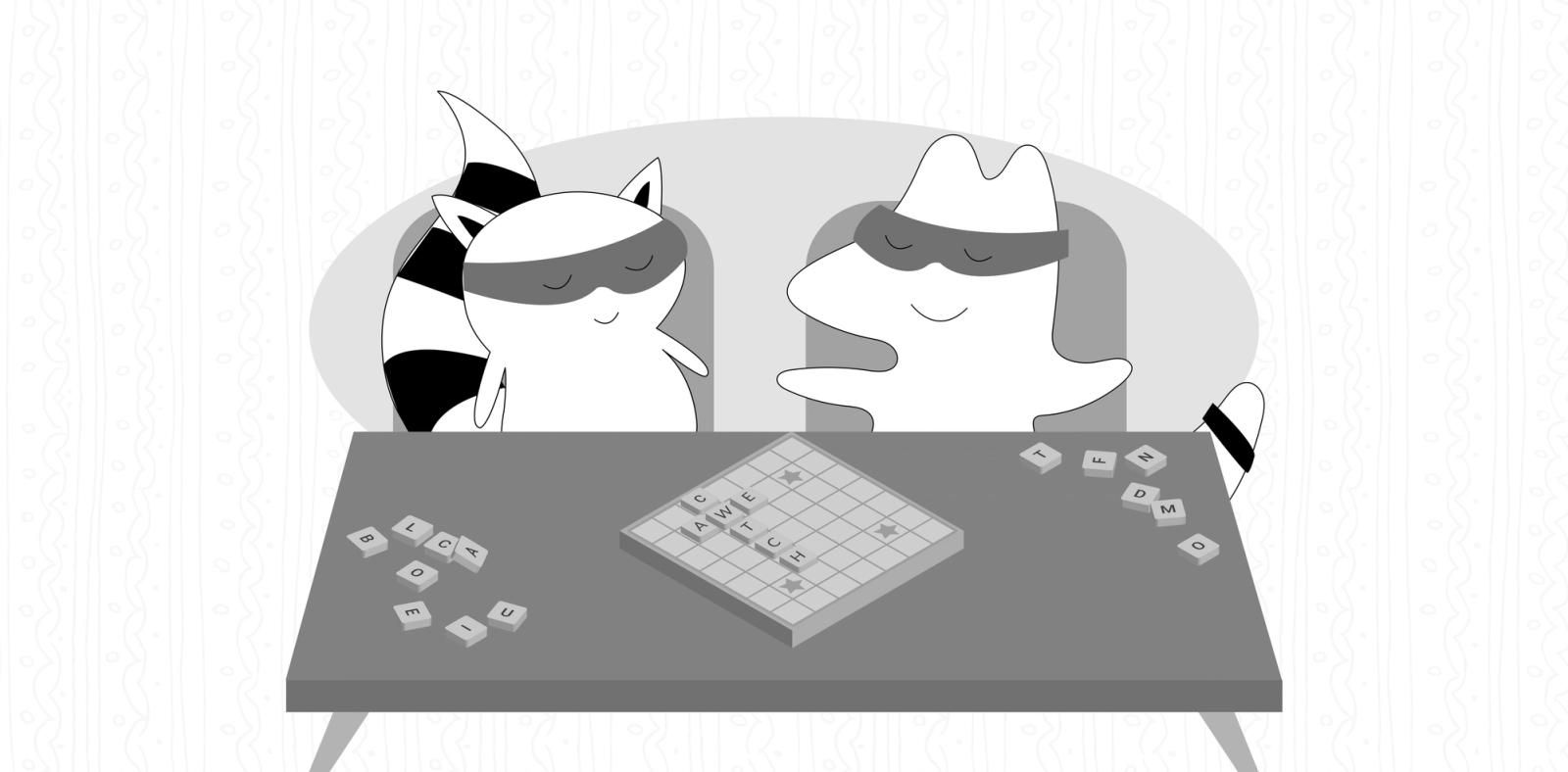 Iggy and Benji playing Scrabble, with the word “Cwtch” spelled on the table