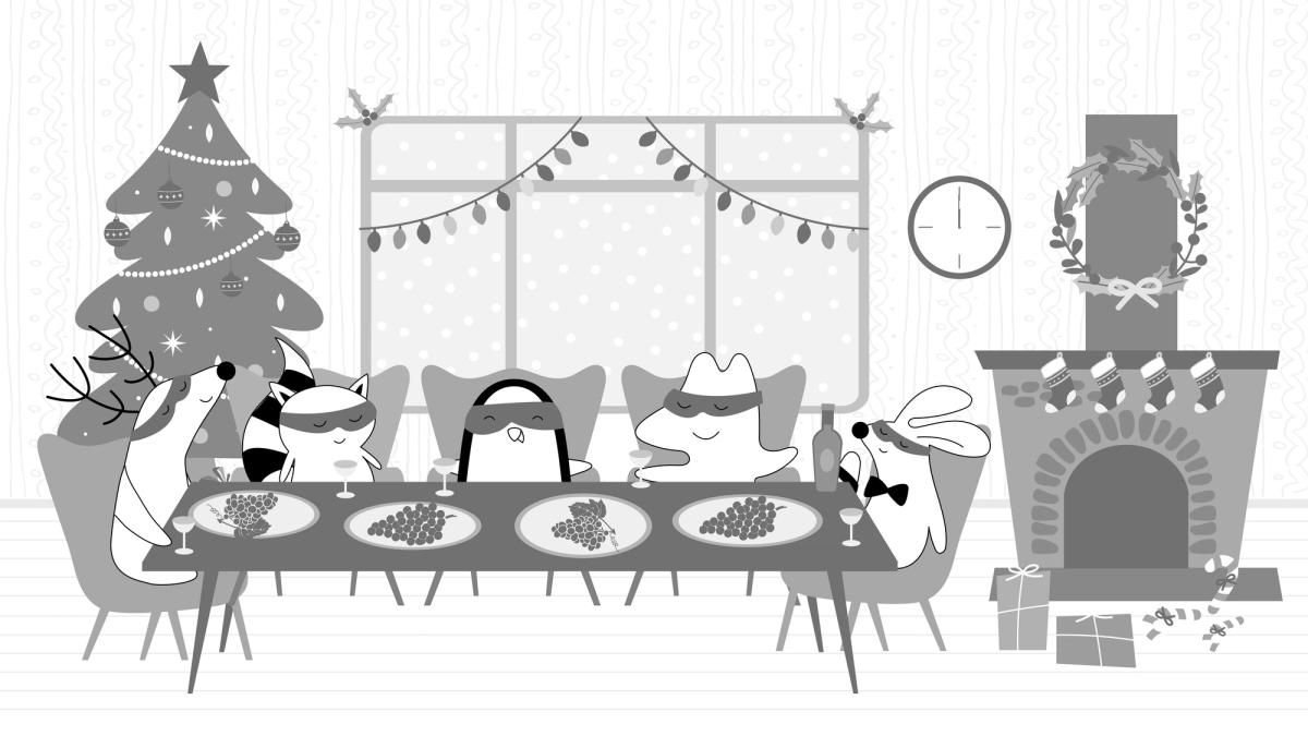 Iggy, Soren, Pocky, and Benji are at the table again, eating grapes. There is a big clock showing midnight in the background.