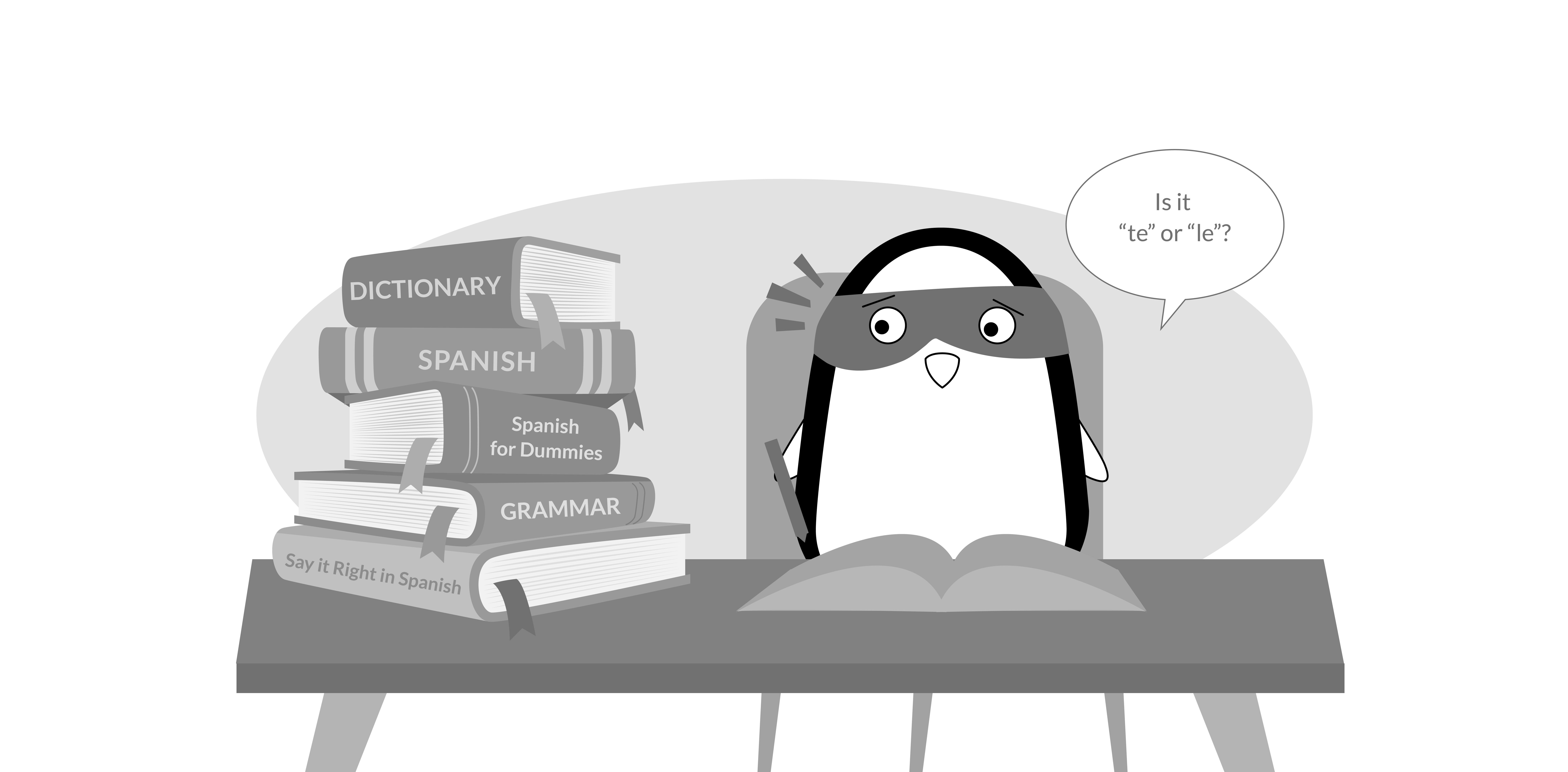 Pocky is studying with a Spanish grammar book, thinking, “Is it “te” or “le”?