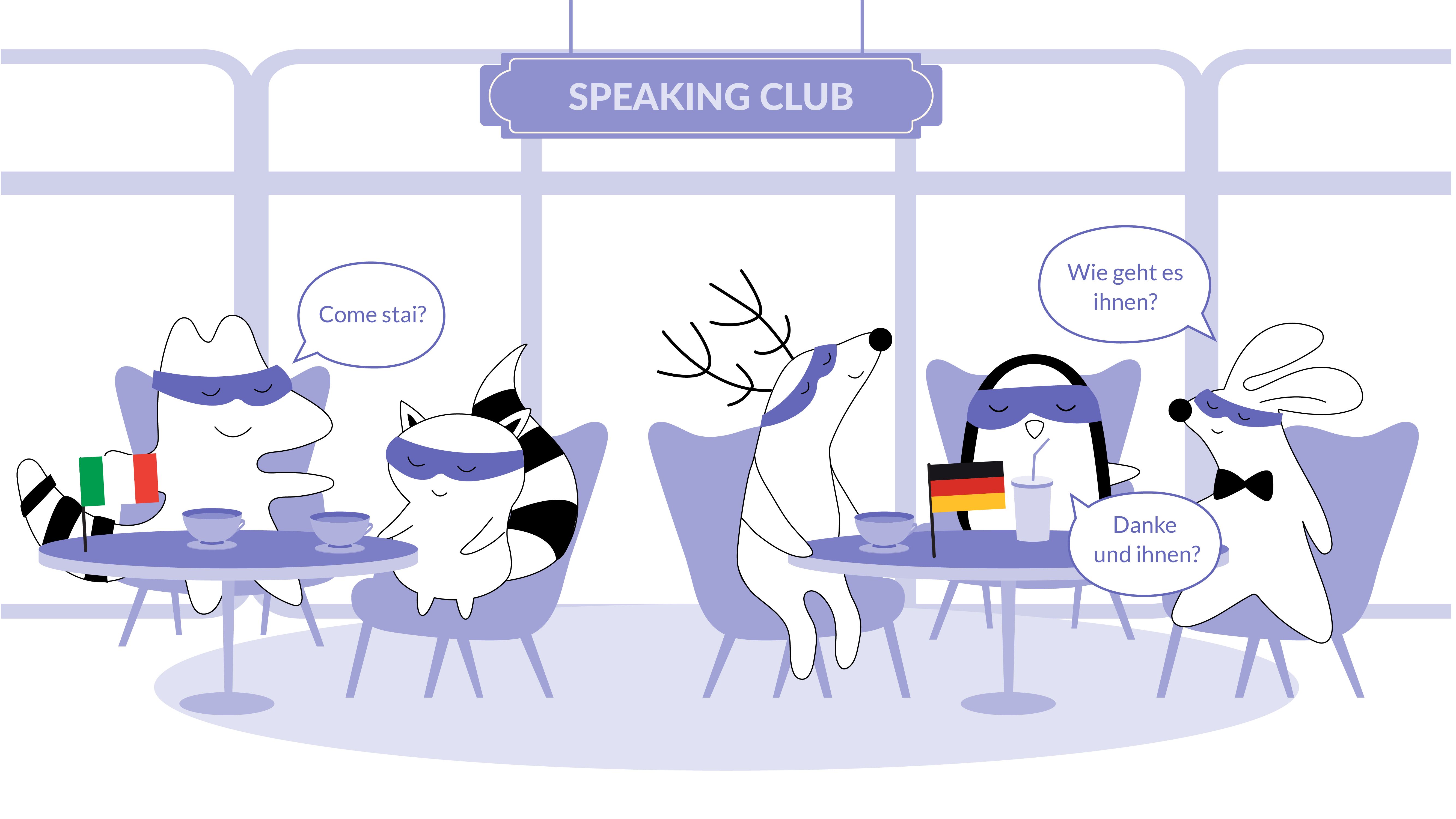 Iggy, Pocky, Benji, and Soren are at the coffee shop, participating in a speaking club.