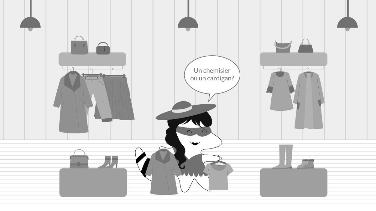 Character choosing a top in a clothing store