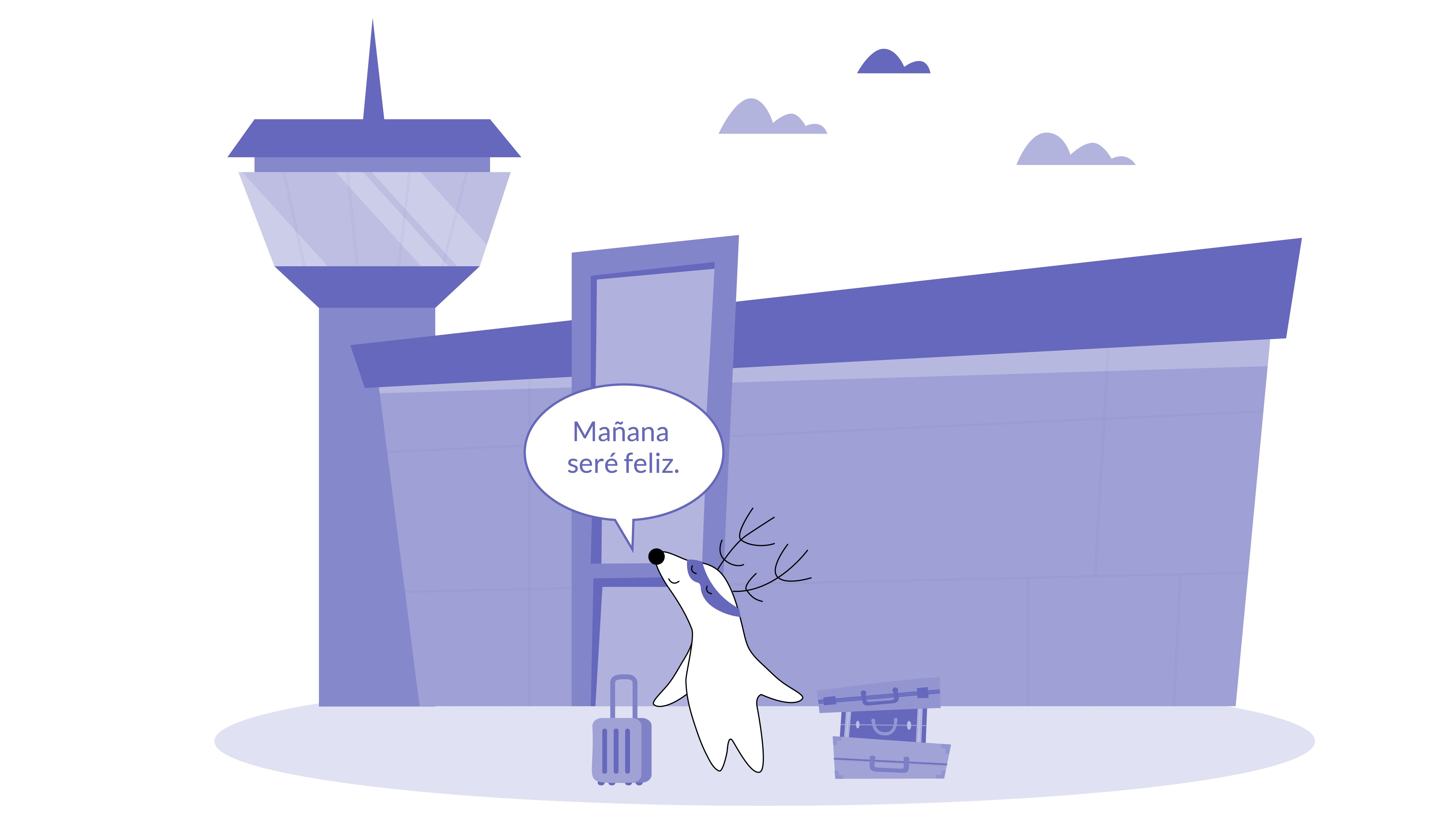 Soren with luggage in his hand, thinking, “Mañana seré feliz.”