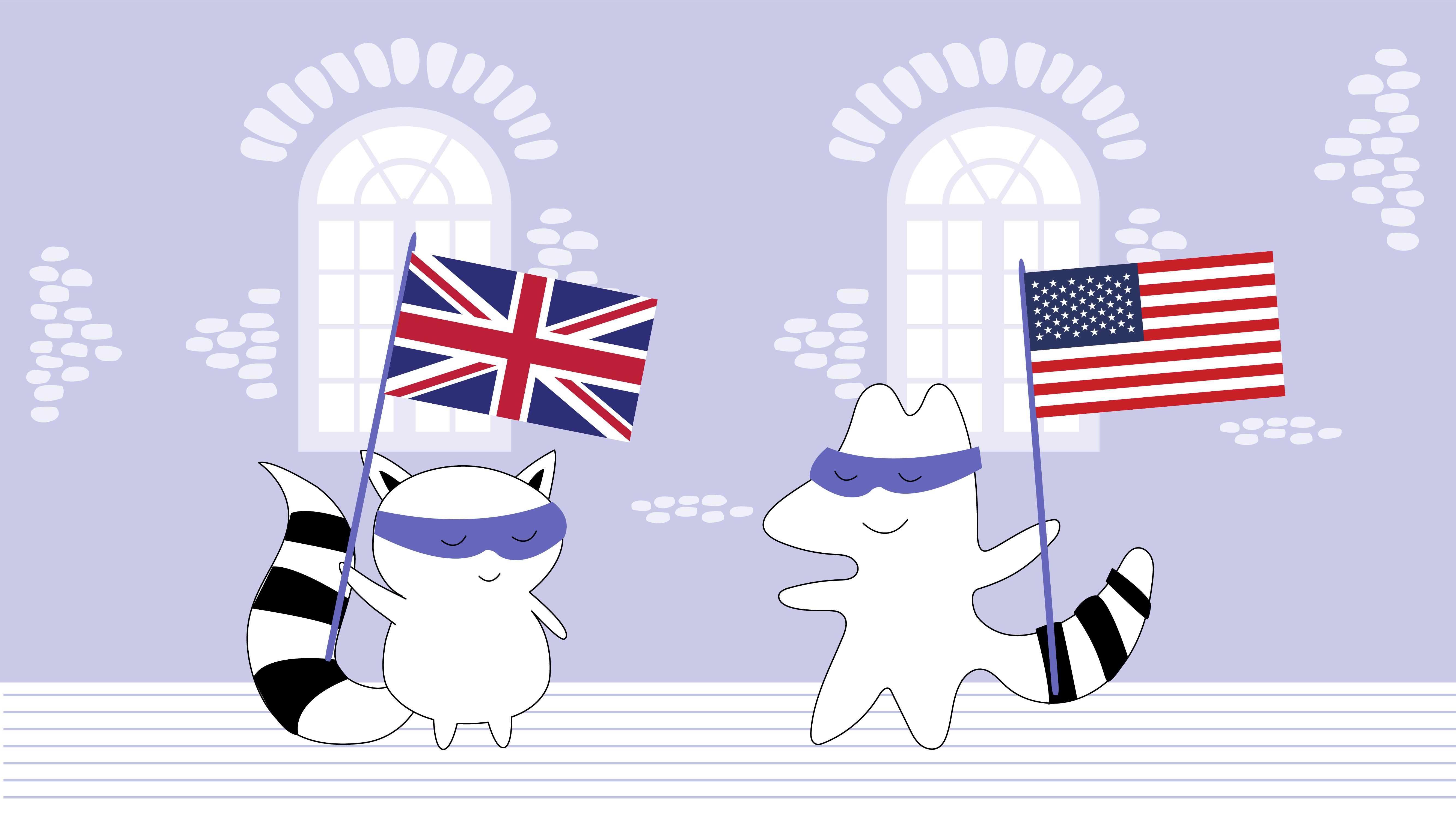 Iggy and Benji are standing, one holding a UK flag and the other one, a USA flag. 