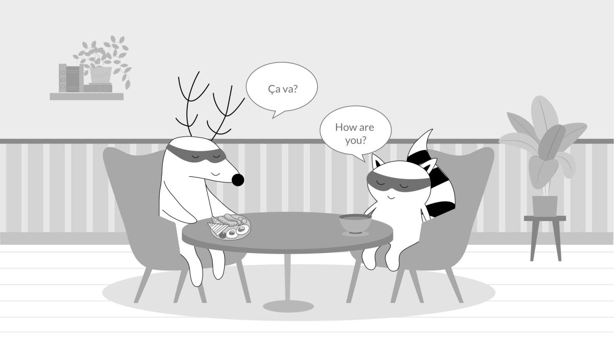 Benji and soren sitting across from each other in a coffee shop. Benji asks "ça va?" to which soren responds "how are you?"
